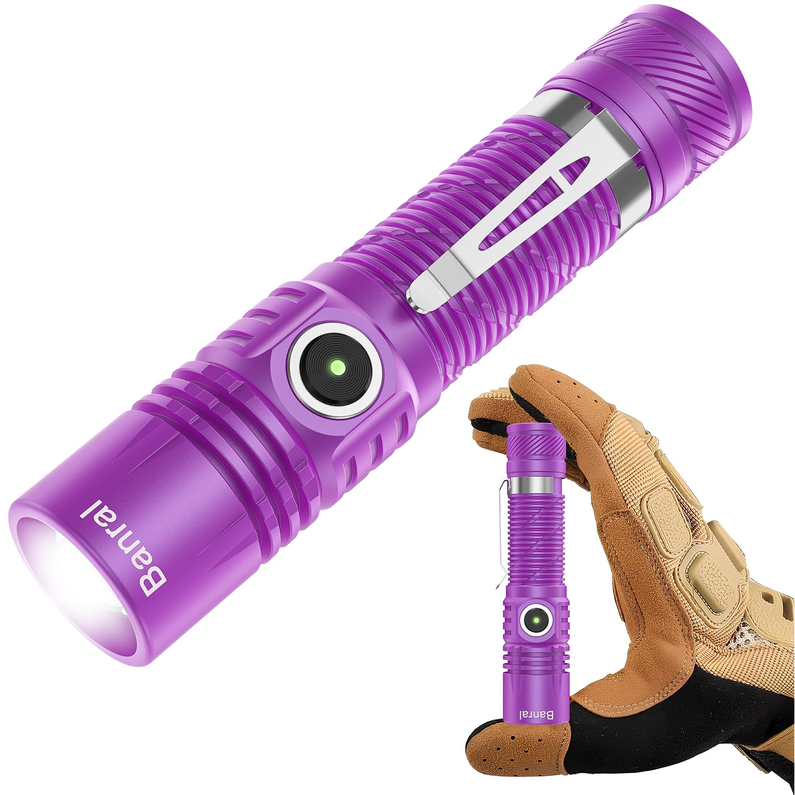 Banral Rechargeable Tactical Flashlight, High Lumens Mini USB-C LED, 4 Modes, Waterproof, Compact EDC, K518, Purple