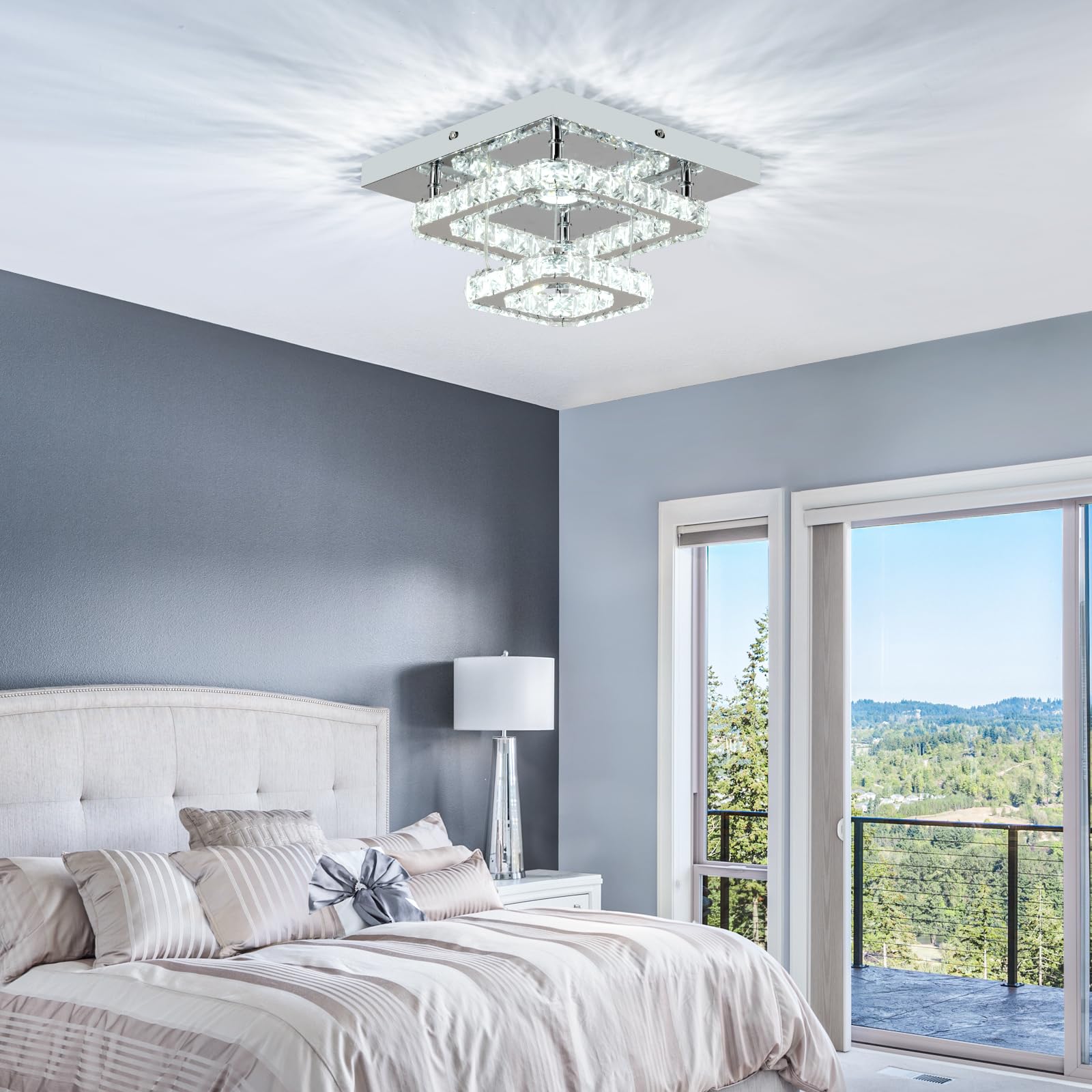 Rheafon Crystal Chandelier 9.8 Inch Modern Led Chandeliers Crystal Ceiling Light Fixtures 2 Layers Flush Mount Ceiling Light Bed