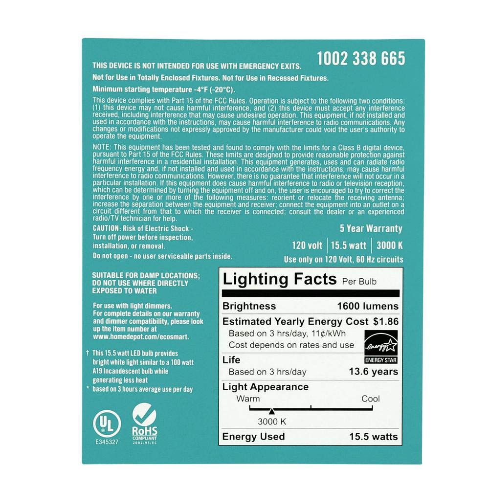 Ecosmart 8-Pack Led Dimmable 100W Bright White Bulbs, 1680 Lumen, 3000K,