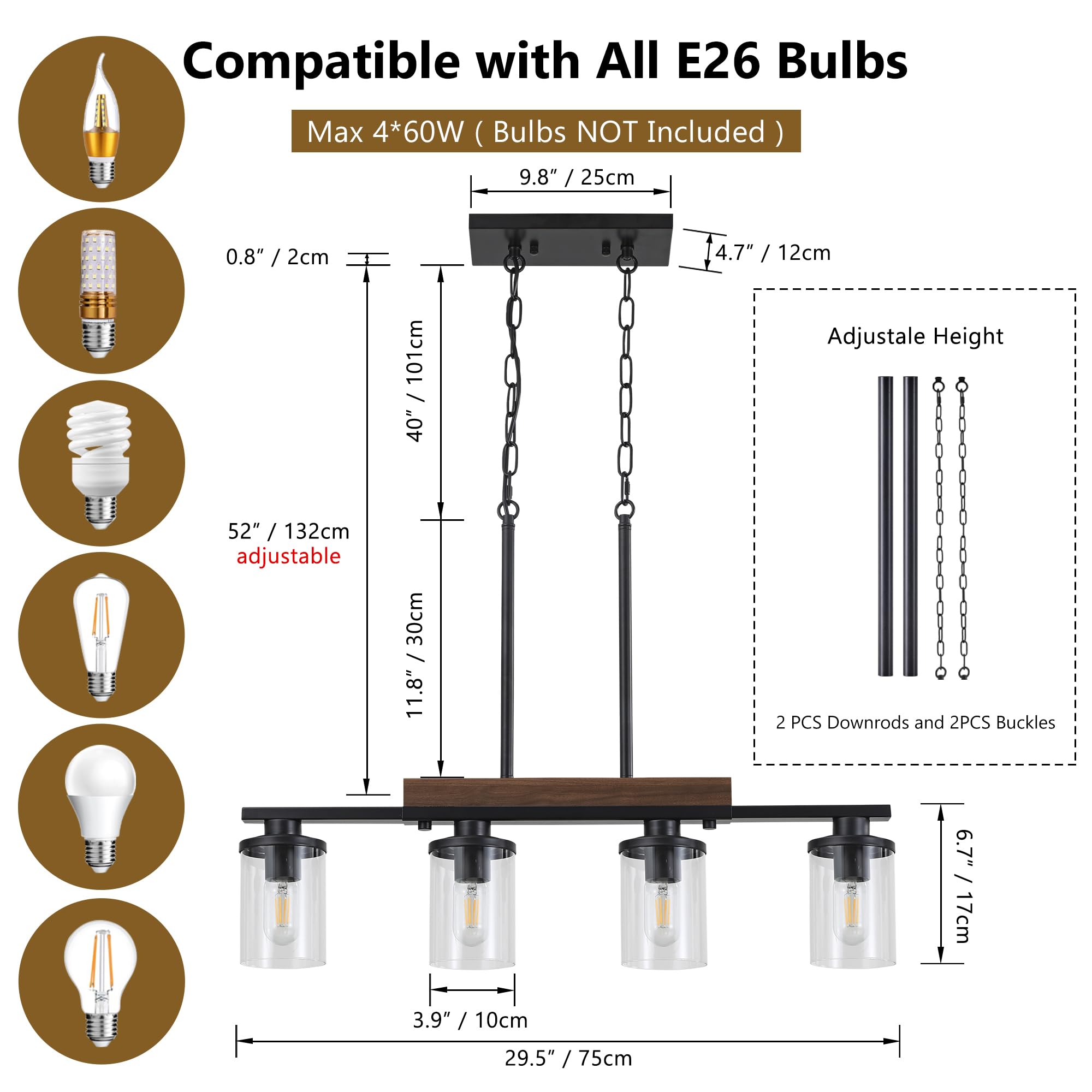 29.3'' Kitchen Pendant Lights, 4-Light Dining Room Light Fixture Chandelier Over Table, Black Modern Rustic Wood Ceiling Pendant