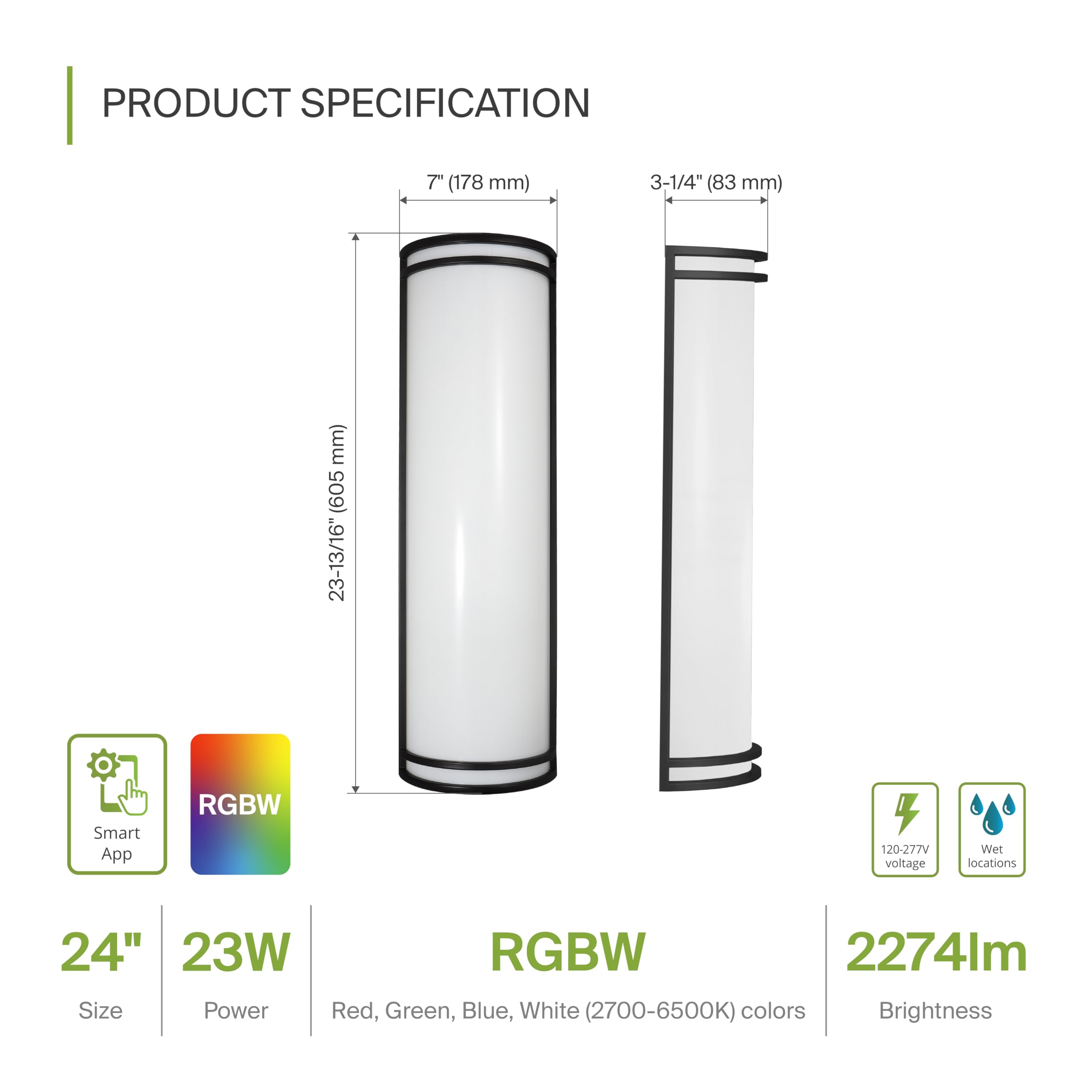 Asd 24 Inch Smart Rgbw Led Outdoor Wall Mount Light Fixture - Black Rgb Wall Sconce Exterior Lighting - 120-277V 23W 2700-6500K