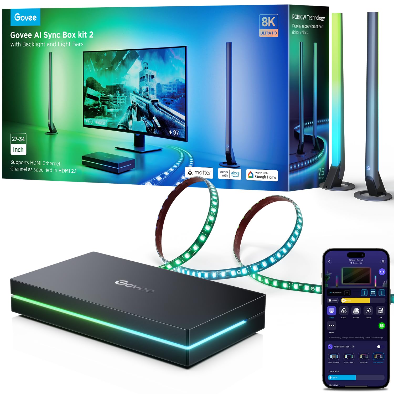 Govee HDMI 2.1 Sync Box Kit 2, Includes AI Sync Box, Light Bars, and Monitor Backlight, Supports 8K@60Hz, 4K@144Hz, VRR and ALLM