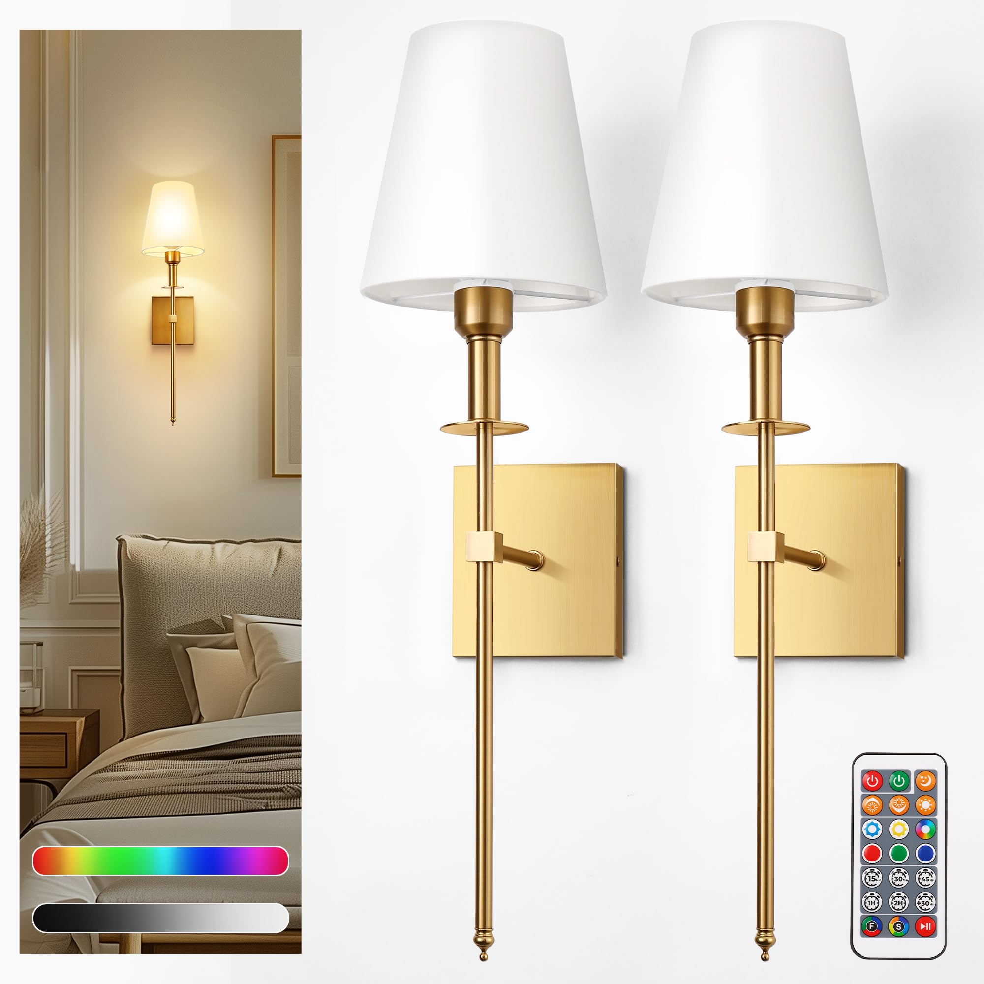 DORESshop Battery Operated Wall Sconce Set of 2, Gold Metal, 24 Inch, Wireless Remote, 7 Colors, Model 00f9536f-fa49-449a-