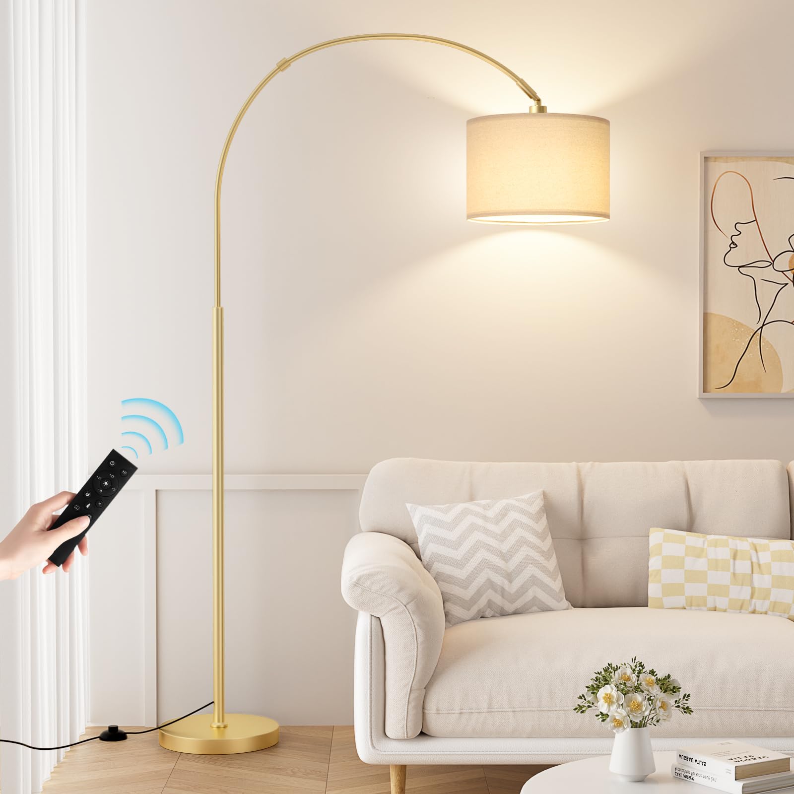 Ambimall Dimmable Arc Floor Lamp with Remote, Metal, 70.66in H x 27.95in W x 11in D, Deep Beige and Gold