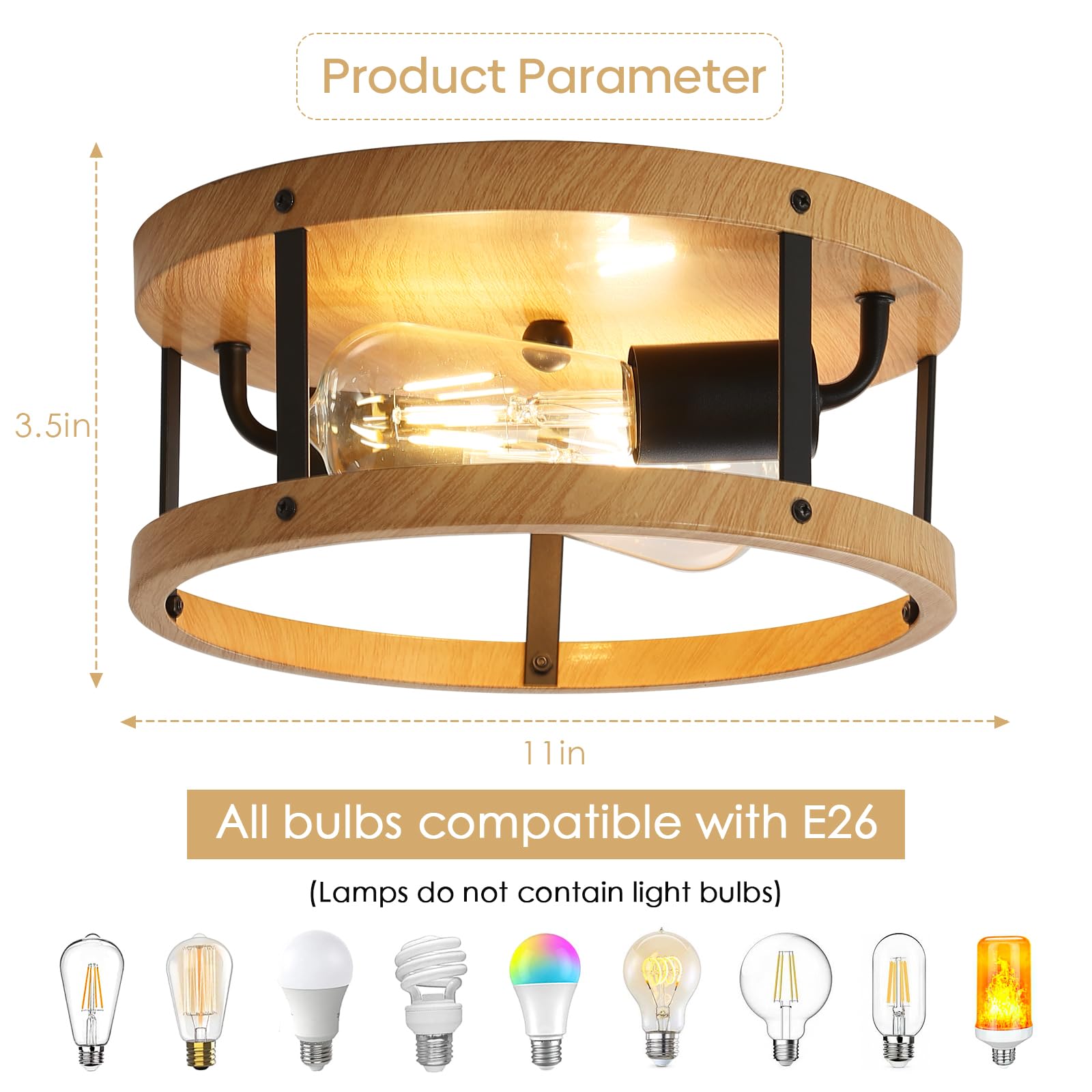 Eietonte Flush Mount Ceiling Light Fixture, 11Inch 2-Light Drum Close To Ceiling Lighting, Rustic Black Metal And Wood E26 Base