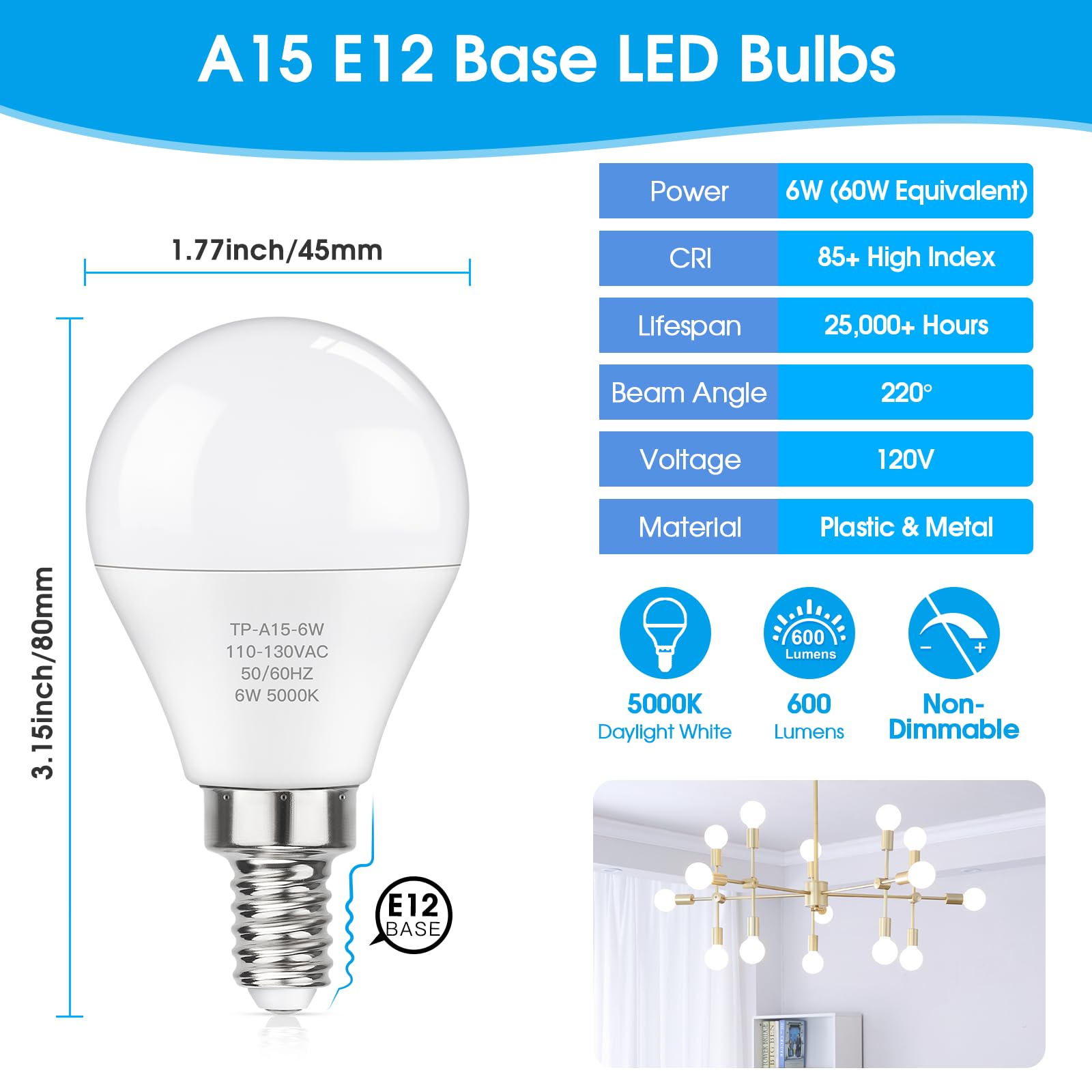 Maxvolador E12 Led 60W Equivalent Daylight White 5000K Ceiling Fan Bulbs, 600Lm Cri 85+ Small Base Candelabra Bulbs, 6W Non-Dimm