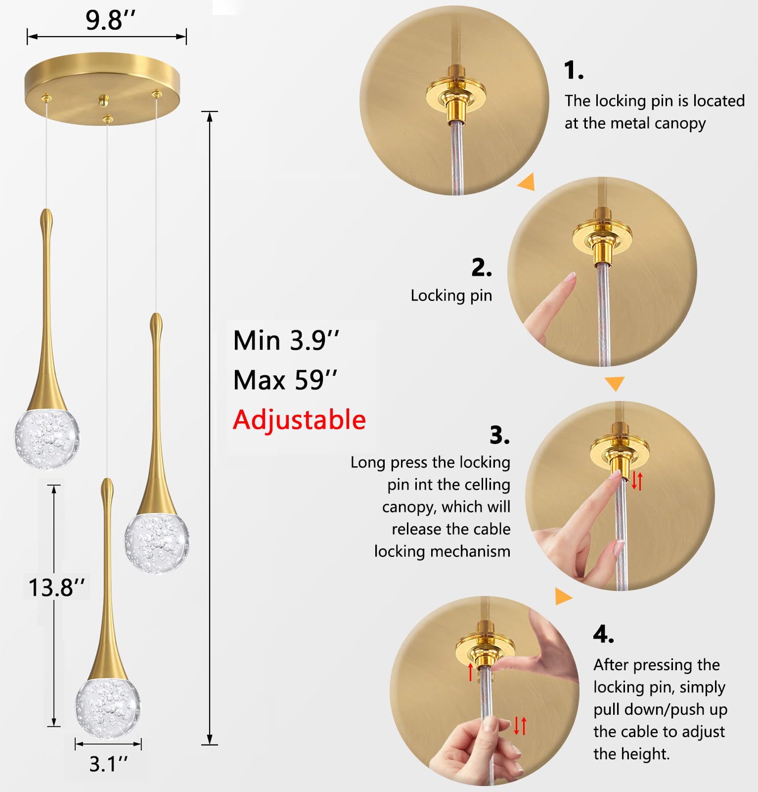 Cenozo 3-Lights Pendant Lighting - Dimmable Crystal Chandelier in Antique Gold for Kitchen, Dining Room, Hallway & Bedroom