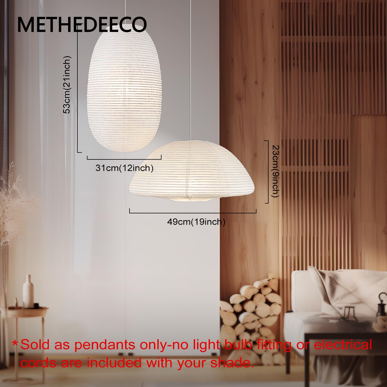 METHEDEECO White Paper Lanterns - 2PCS Large Hanging Shades, 19+21inch, Rice Paper, Semicircular & Elliptical Design, Perfect for Indoor Decor