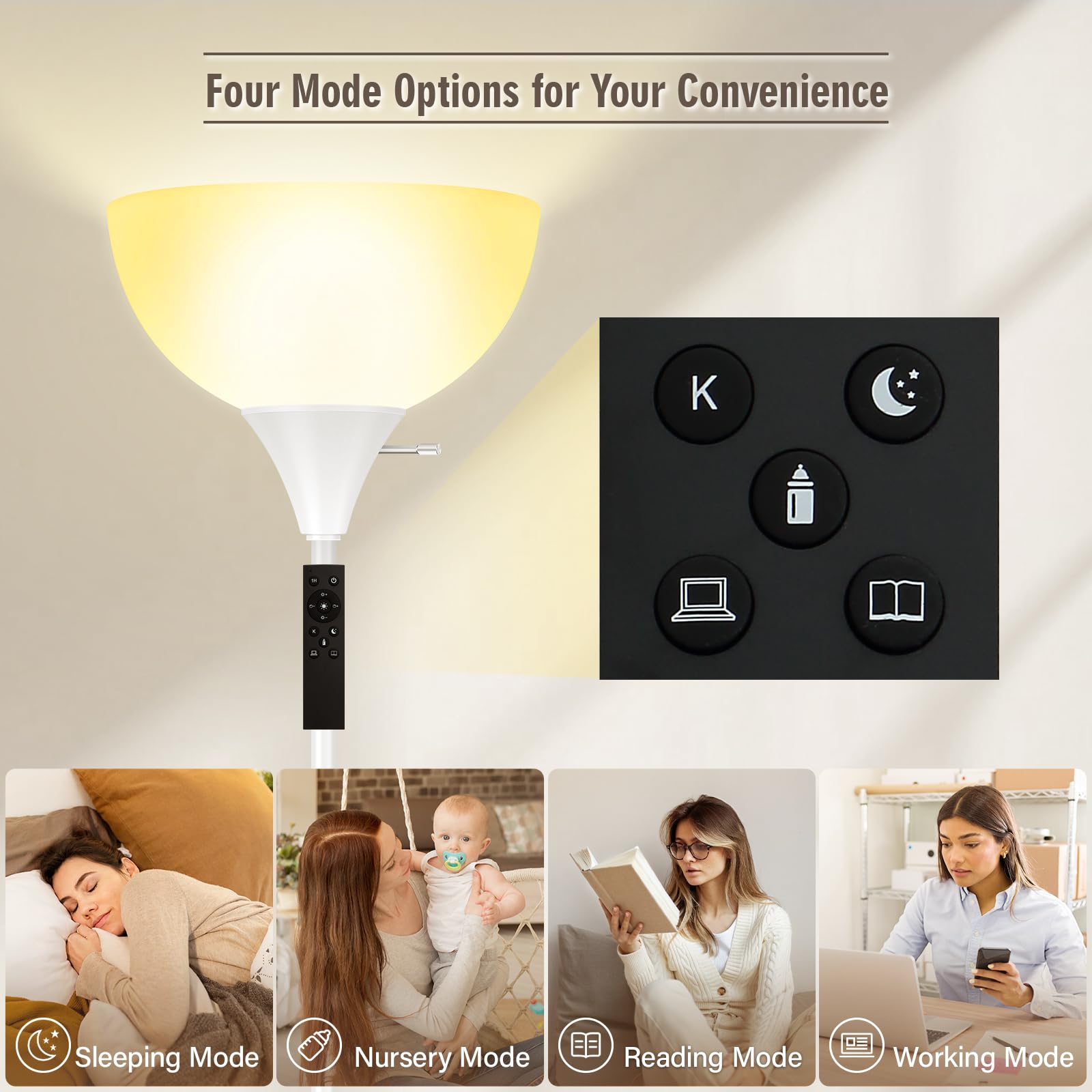 Bricosmocon Floor Lamp, 71in  Torchiere, Remote Control, 2700K-6500K Adjustable Brightness, Metal, White, Model F0162