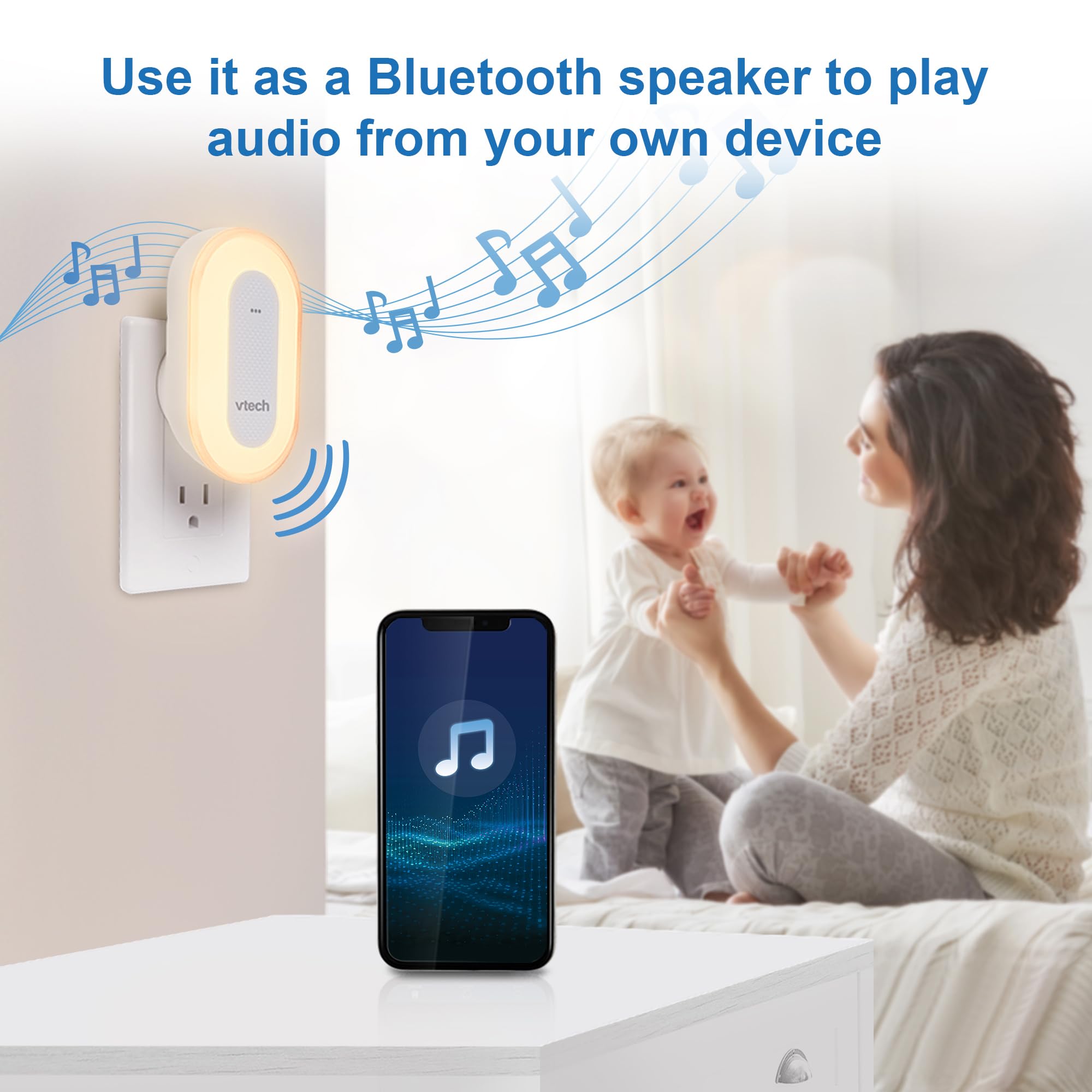 VTech BC8113 V-Hush Sleep Training Soother - Bluetooth Speaker, 40 Stories/Songs, Multi-Color Night Light, White