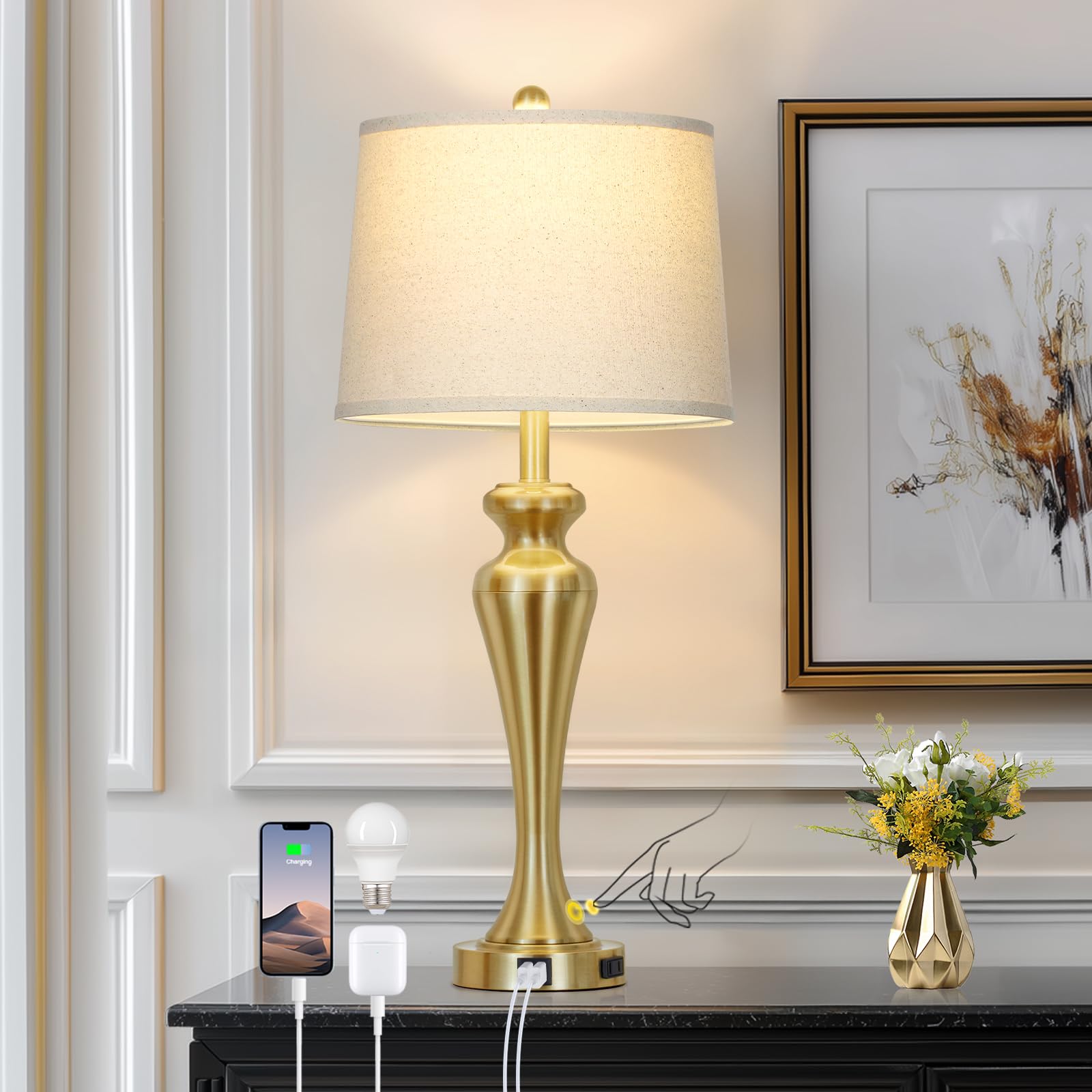 30 Inch Gold Single Table Lamp  3-Way Dimmable Touch Control Bedside Lamps with USB A+C Ports and AC Outlet  Metal Brass Bedroom Lamps for Night stand  Modern Tall Lamp for Living room end table