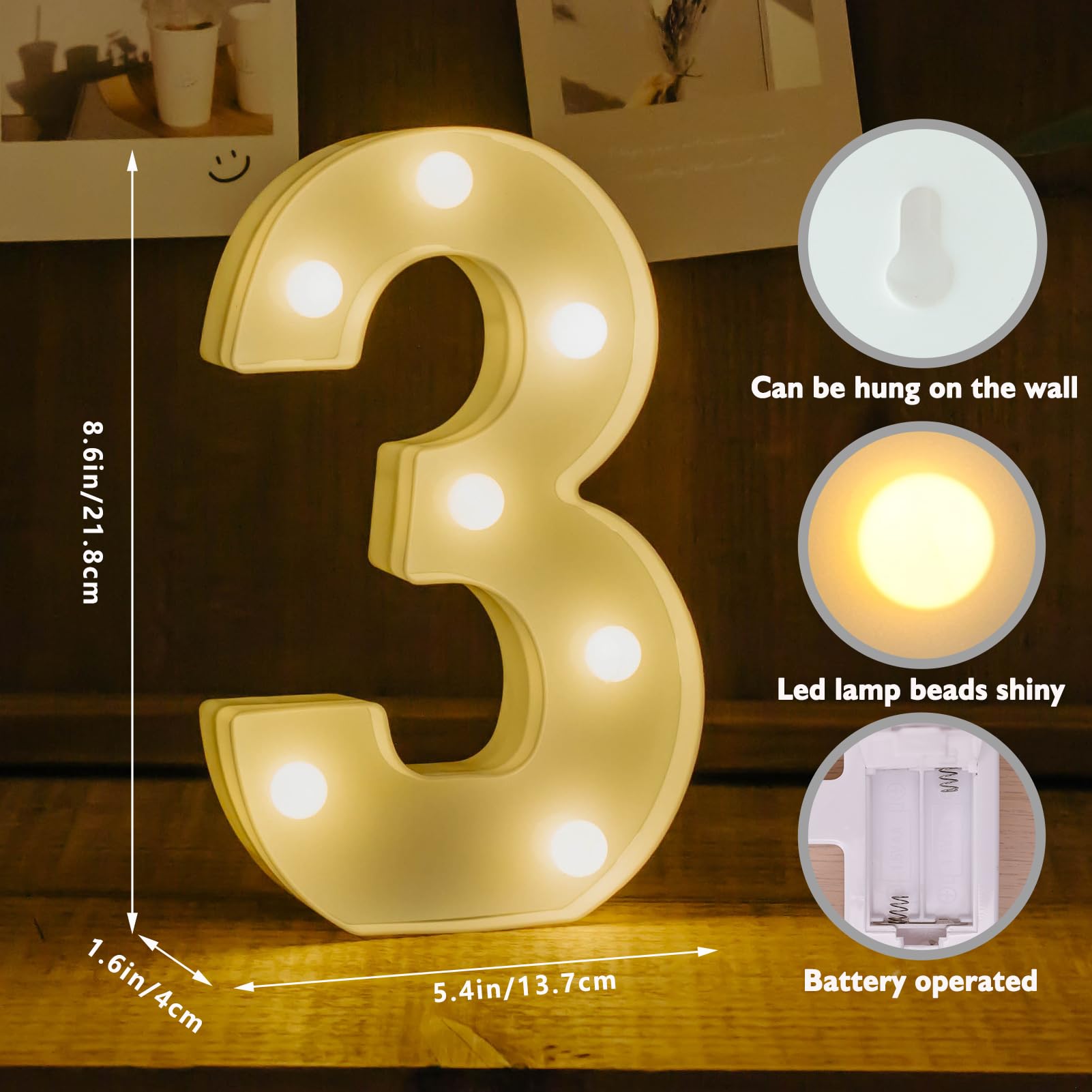 IFDGCTK Light Up Number 3, Battery Powered LED Decorative Light, Warm Light, Plastic Home Decor for Party and Bar
