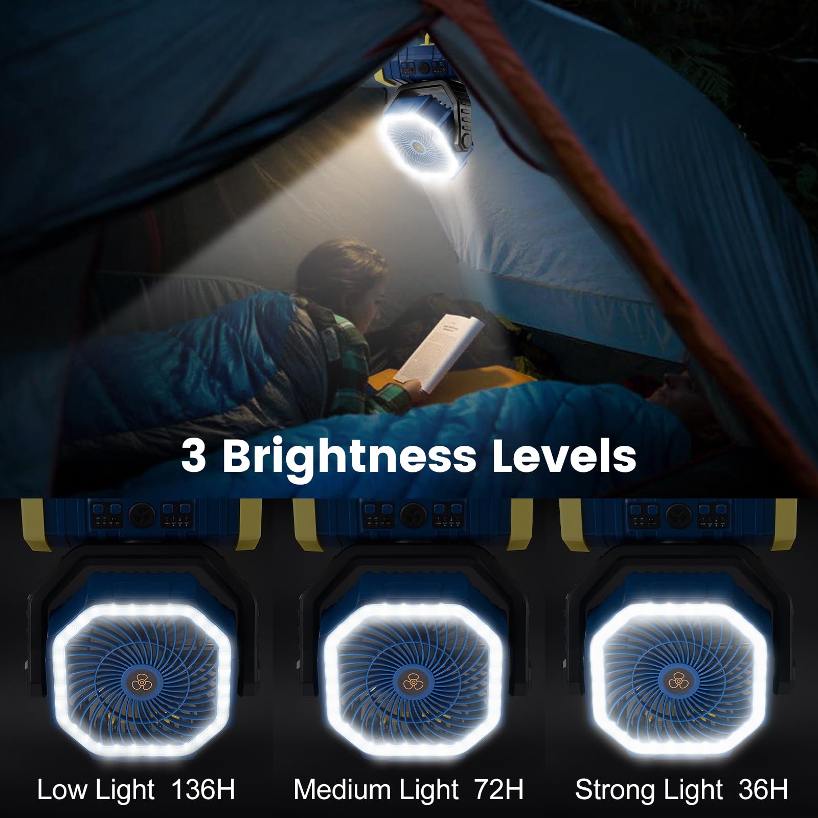 Odoland 30000mAh Camping Fan & LED Lantern, Rechargeable, Oscillating, 9.45x11.42x5.11 inches, Blue, Model OD0671L