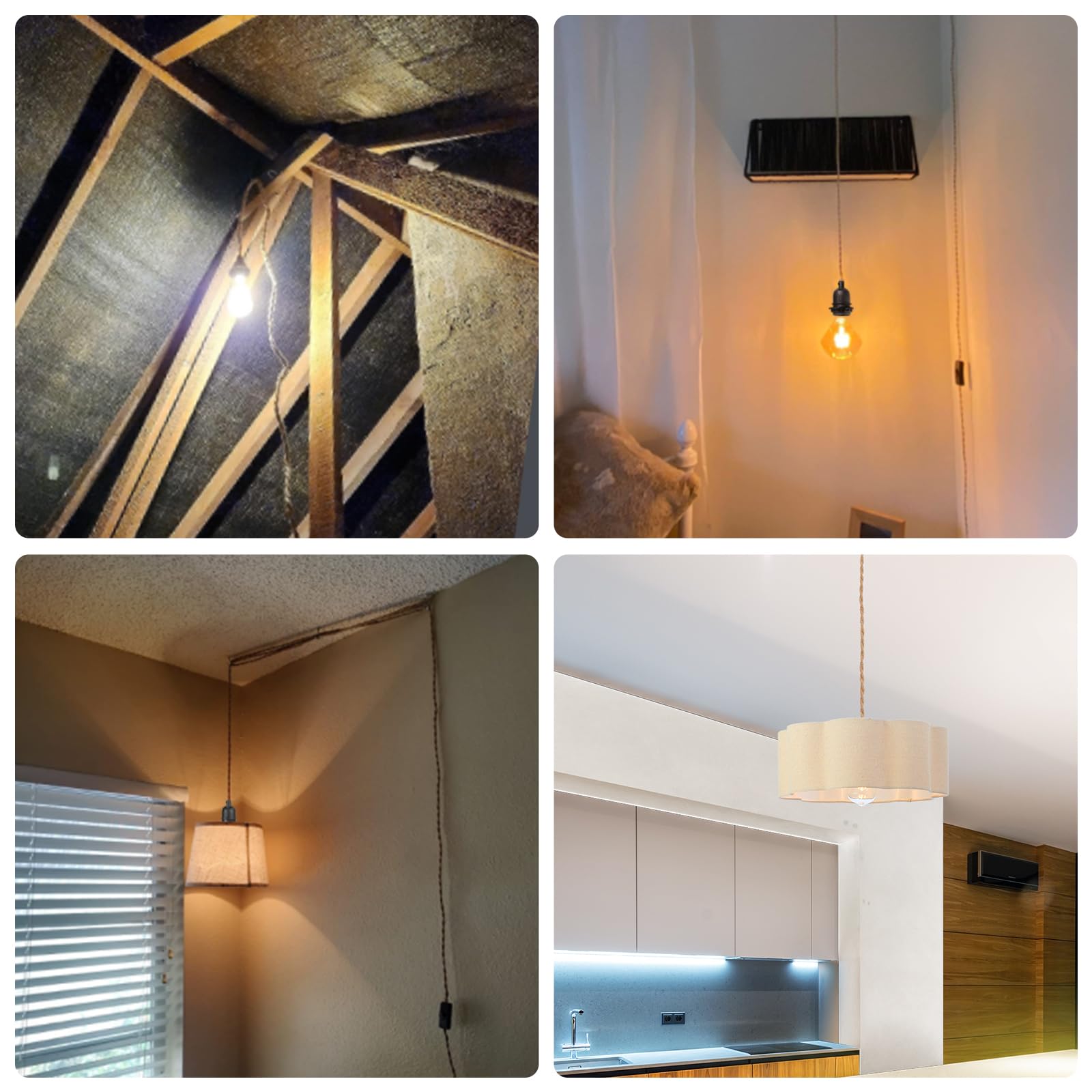 Plug In Hanging Diy Light Fixture,14.8Ft Pendant Lamp Lights Rope Cord E26 Bulbs Socket (Natural Brown+Hemp Rope+Dimmable Switch