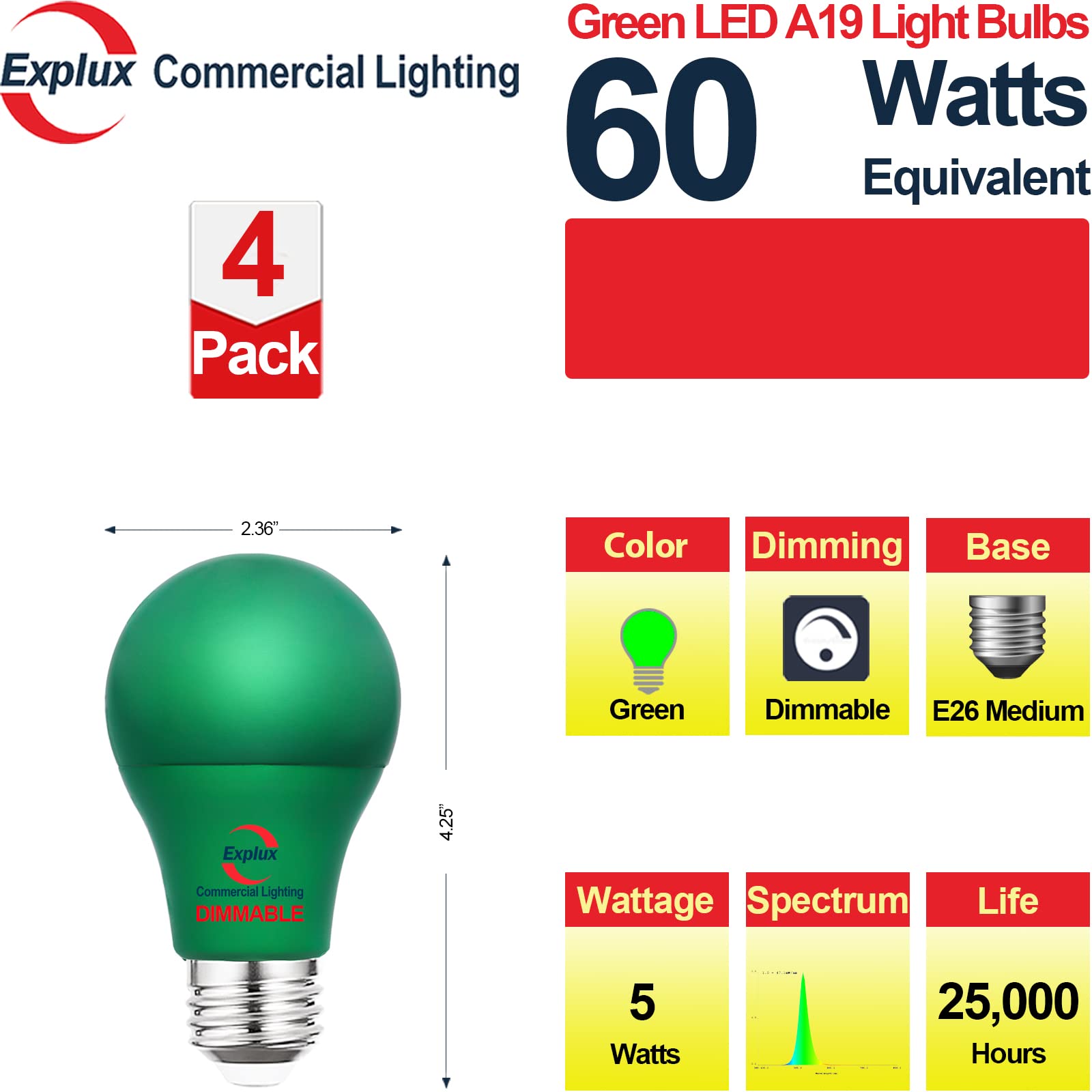 Explux Commercial Lighting Dimmable Led A19 Green Light Bulbs, 60W Equivalent, Direct Led Color Emission, 25000 Hours, 4-Pack