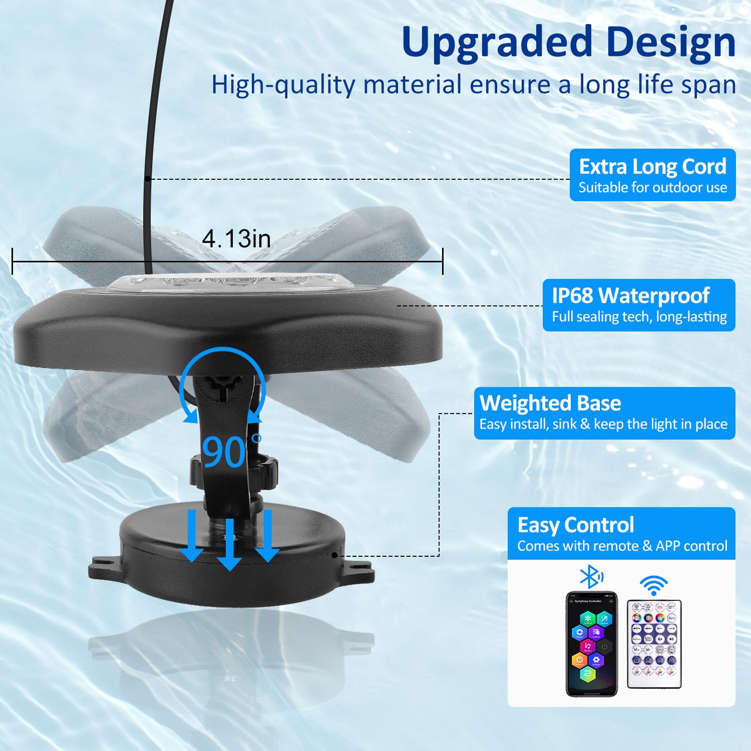 T-SUN Colored Pond Lights with APP and Remote Control - Bright LED Underwater Submersible Fountain Lights, IP68 Waterproof Lands