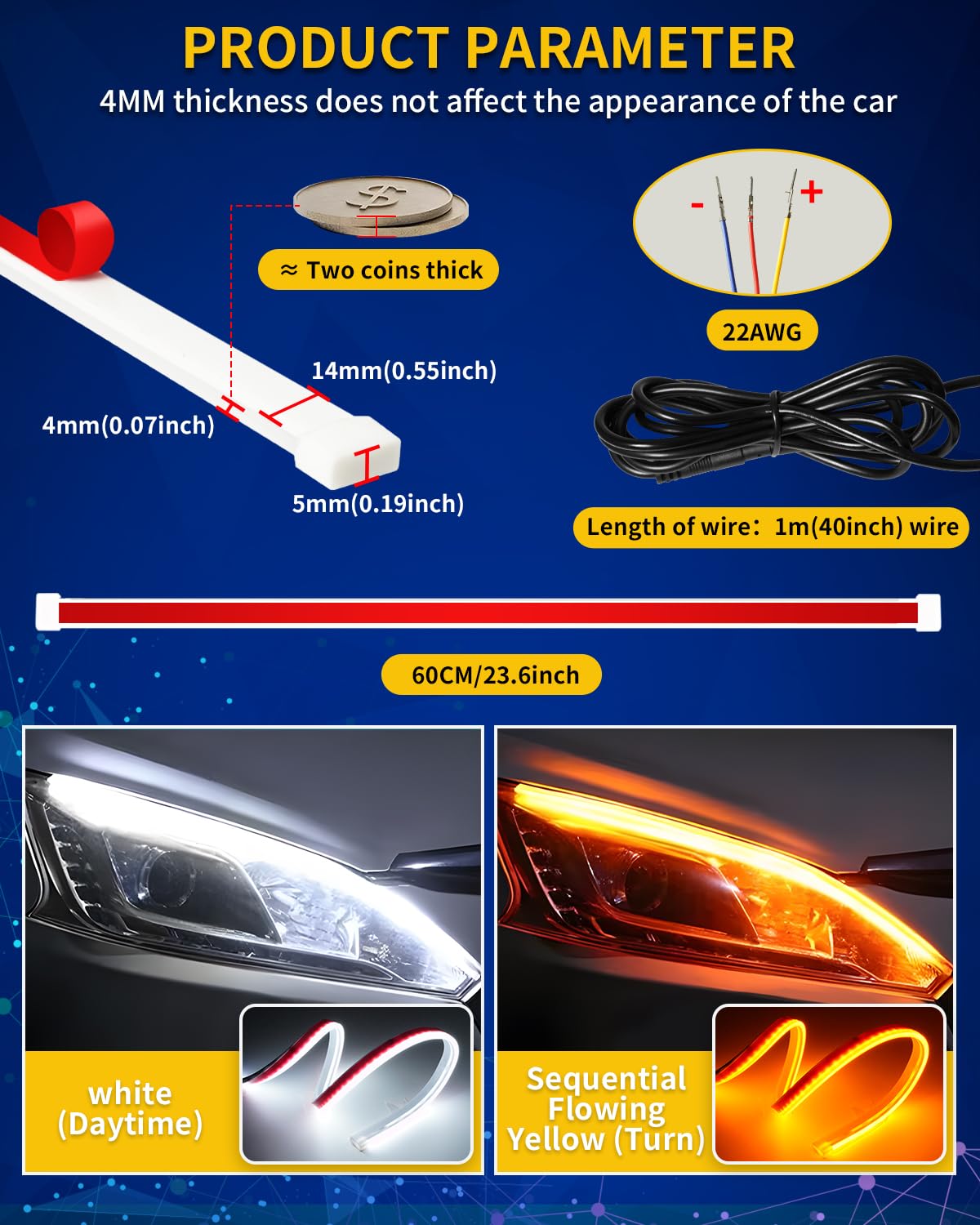 DUOFU365 DRL LED Light Strip - 24" Switchback Dual Color Turn Signal (Amber/Yellow & White)