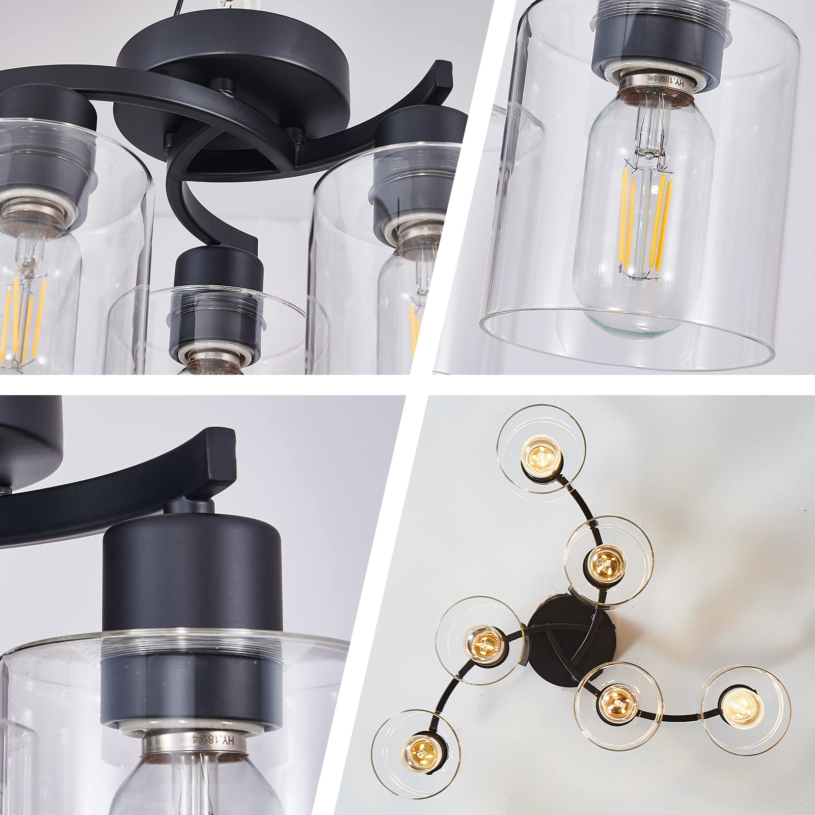 Eatich 6-Light Semi Flush Mount Ceiling Light, Matte Black Metal Fixture with Clear Glass Shades, Ideal for Kitchen and Dining Room