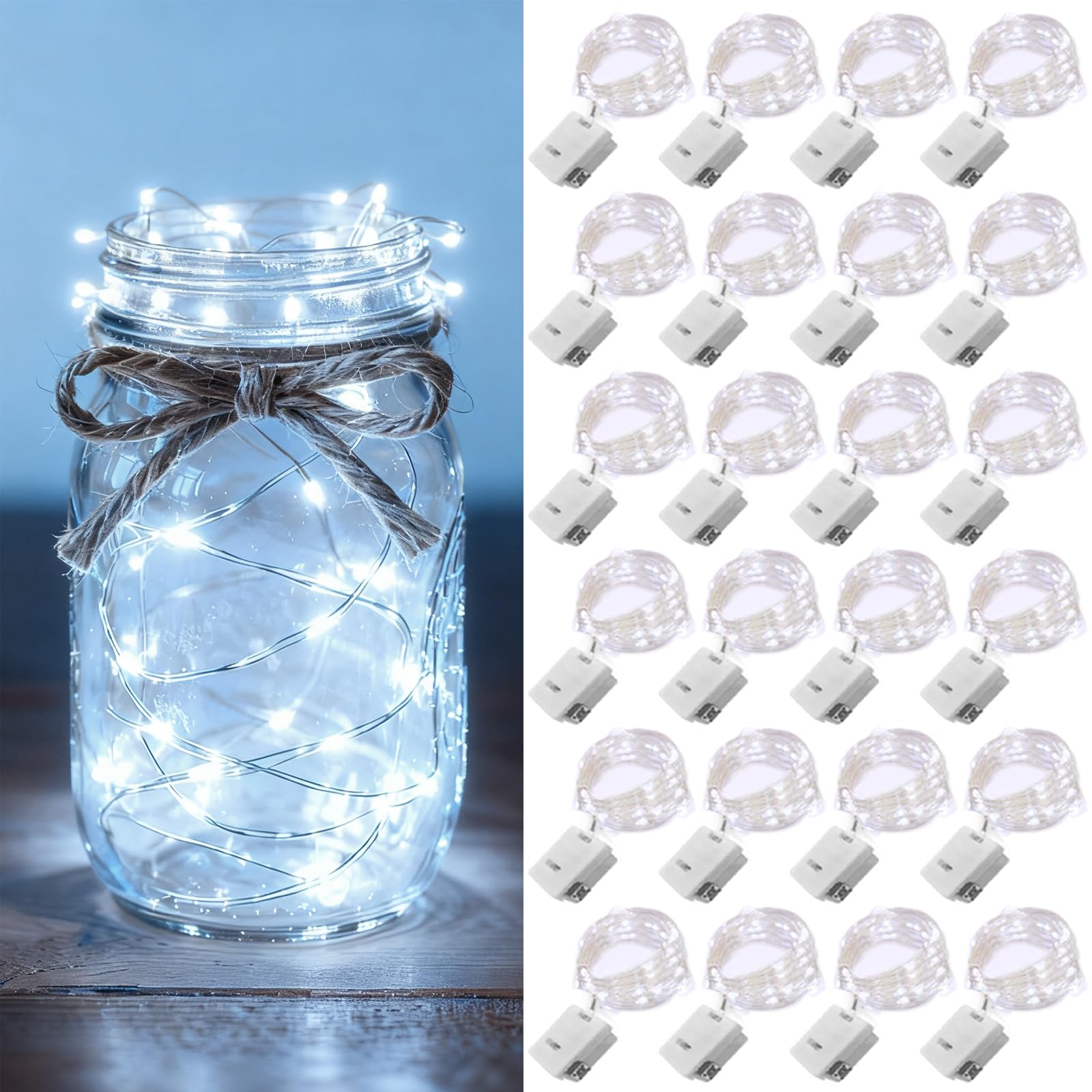 24 Pack Fairy Lights Battery Operated [3 Modes] 7Ft 20 Led Mini Twinkle String Lights Waterproof Silver Wire Firefly Starry Lights For Wedding Party Mason Jars Christmas Decorations  Cool White