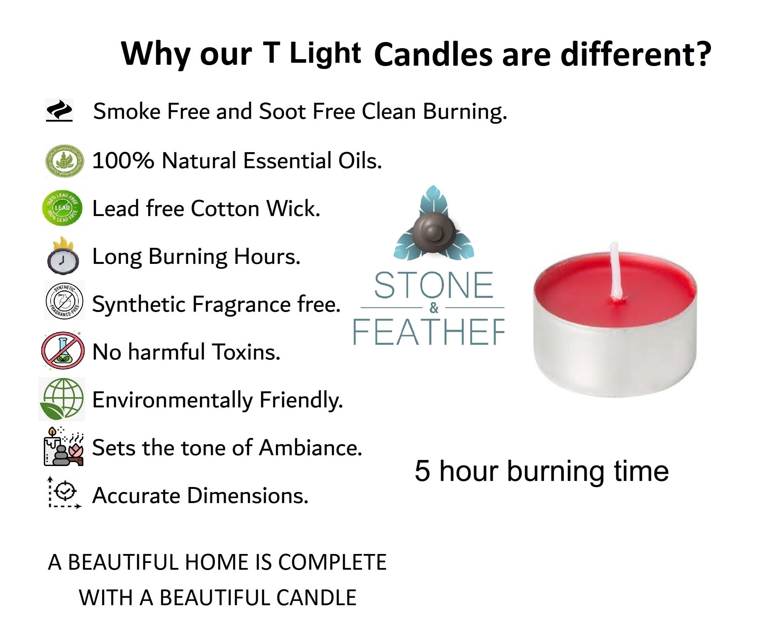 Stone & Feather, Rose Scented T-Light Candles (Red) Paraffin Wax Long Burning time -5Hours Each, Pack of 25, for Diwali, Home De