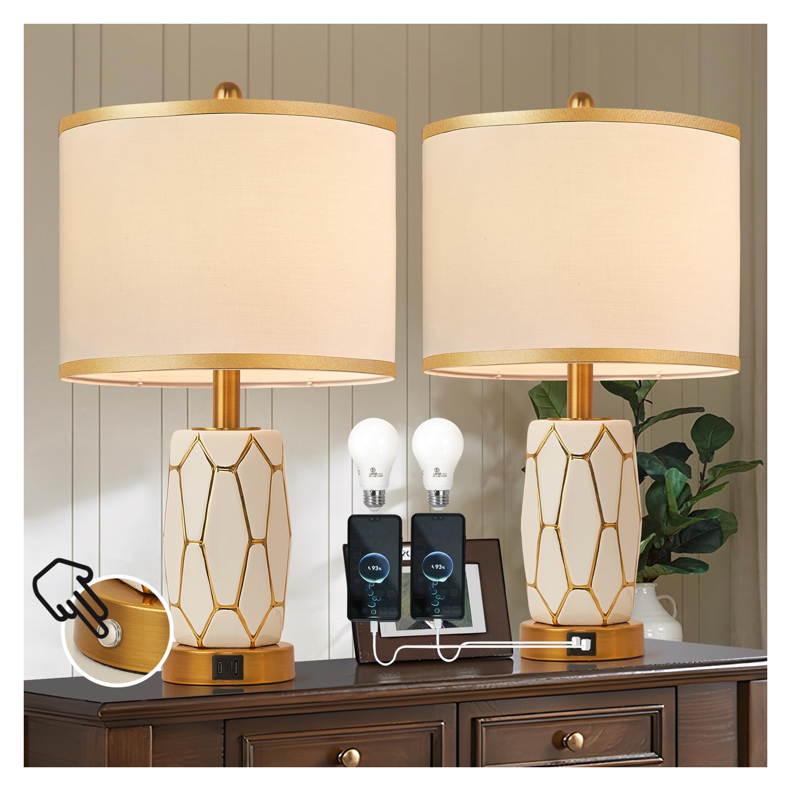 workluurop Touch Control Ceramic Table Lamps Set of 2 with USB Ports, 22.5 Inches, White, Bedside Nightstand Lamp with Fabric Drum Shade