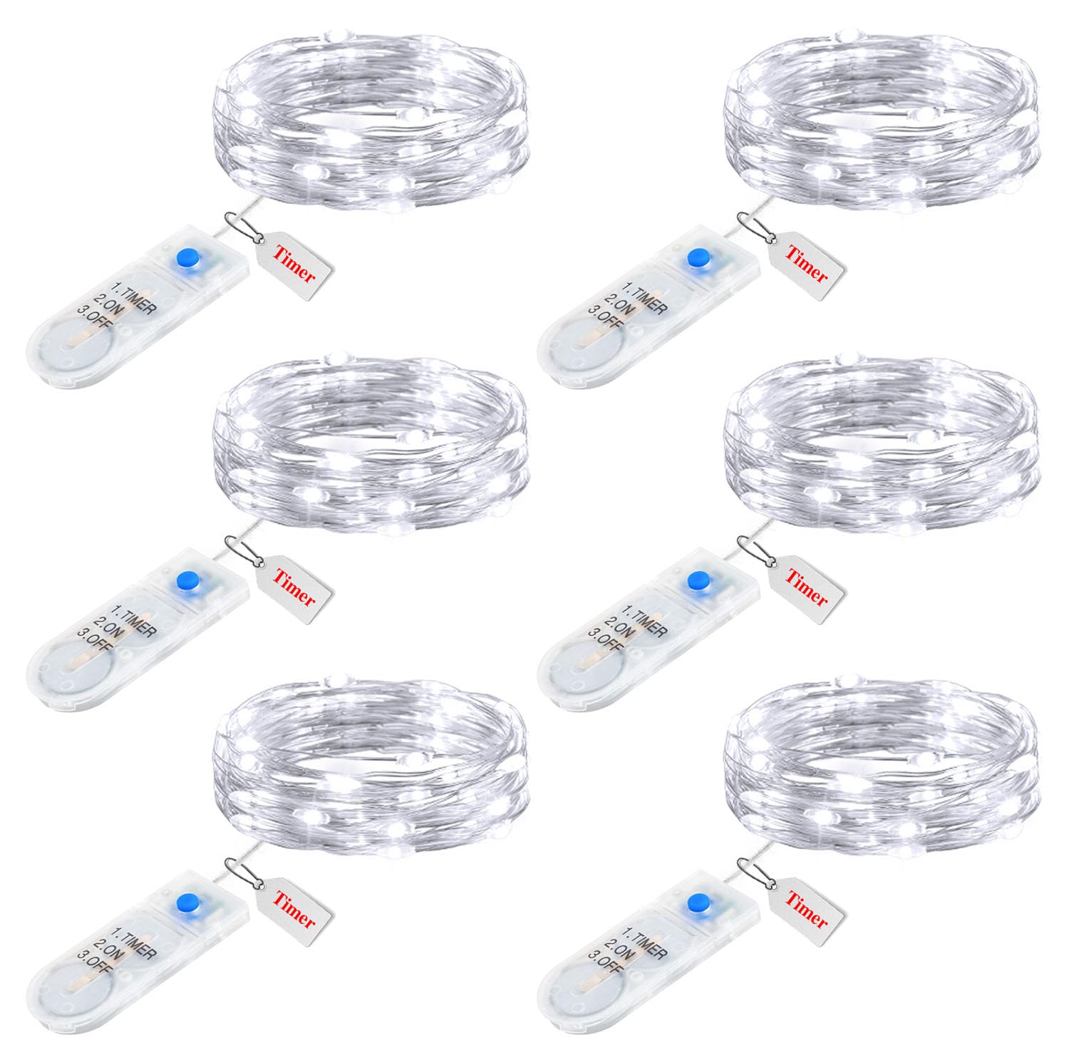 Minetom Fairy Lights 6 Pack - 7ft 20 LED Waterproof Silver Wire String Lights, Battery Operated, Timer, White