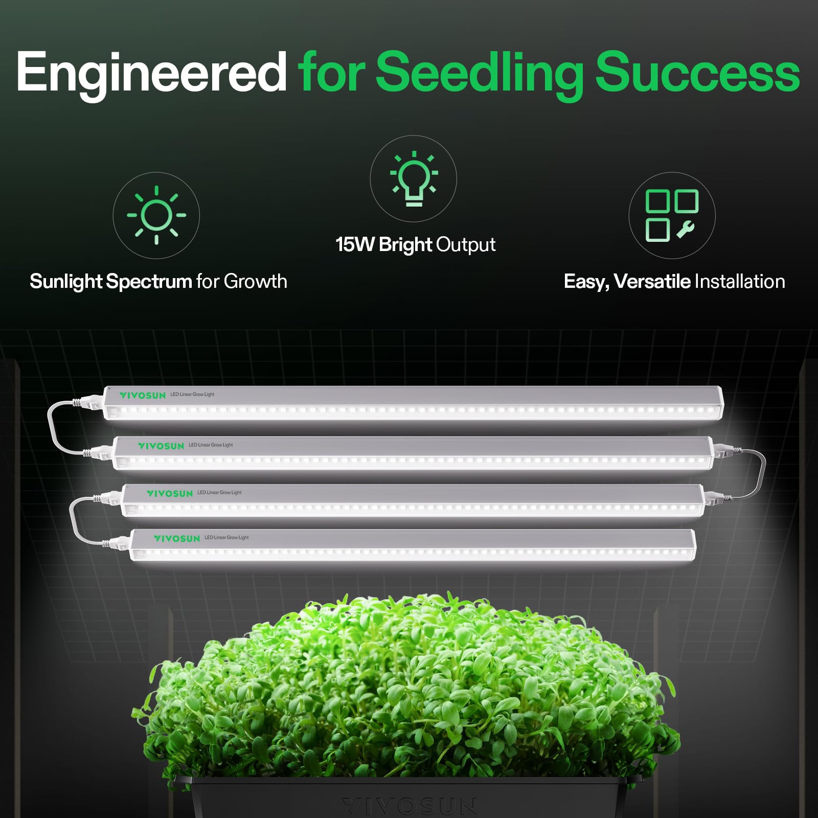 VIVOSUN 2ft LED Grow Light Strip, Full Spectrum 60W, T5 for Indoor Plants, 5000K, 4-Pack, White, Model VSL-T52F-