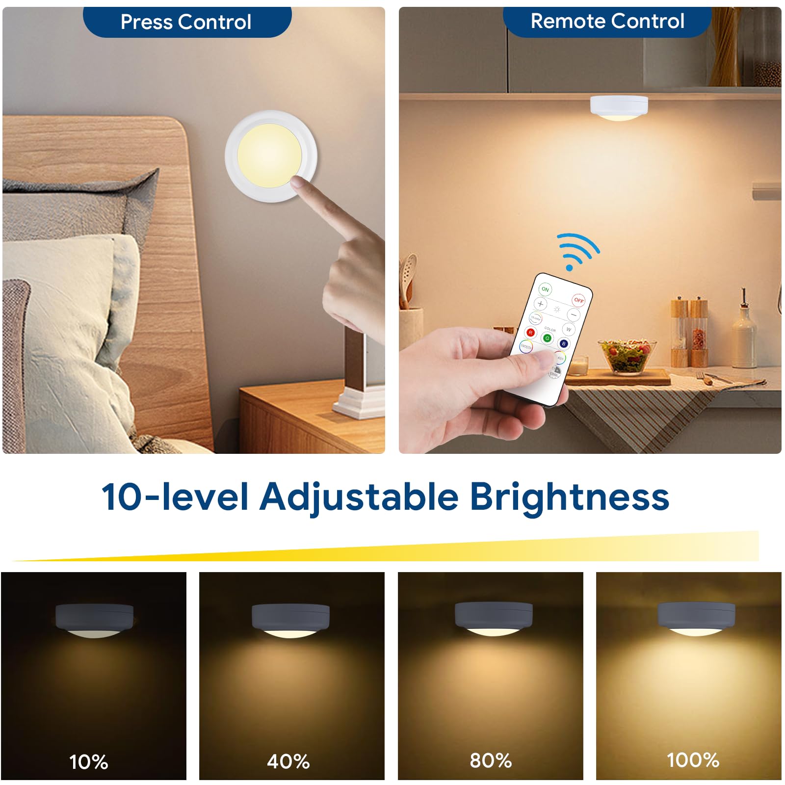 Yiliaw LED Puck Lights, Remote Control, 16 Color Changeable, 12 Packs, White, Battery Operated, for Closet, Bedroom, Kitchen