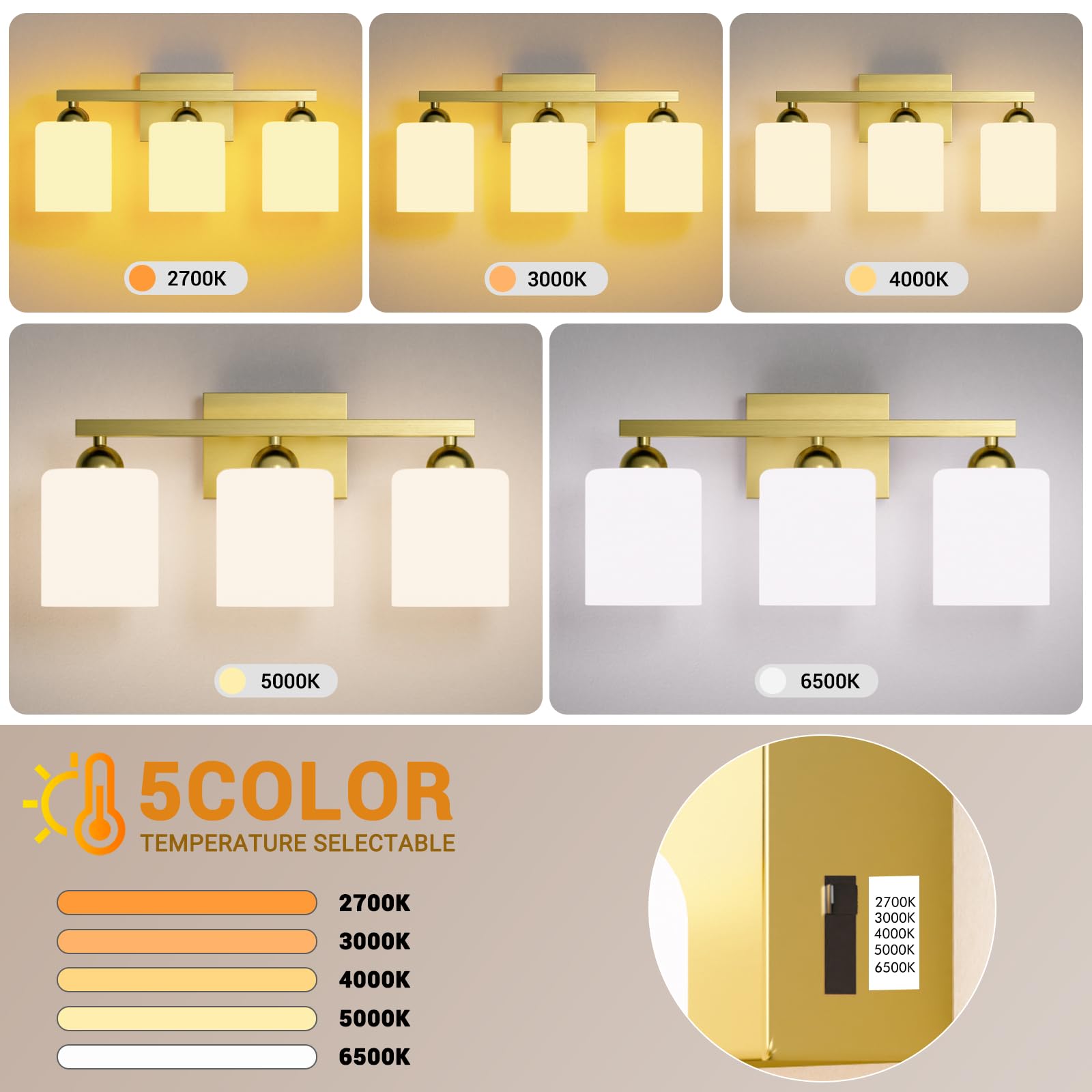 Quntis 3-Light LED Bathroom Vanity Light Fixture, Gold & Milky White, Adjustable, 18.9 inch, Model d0455cc5-3687-4c1f-a