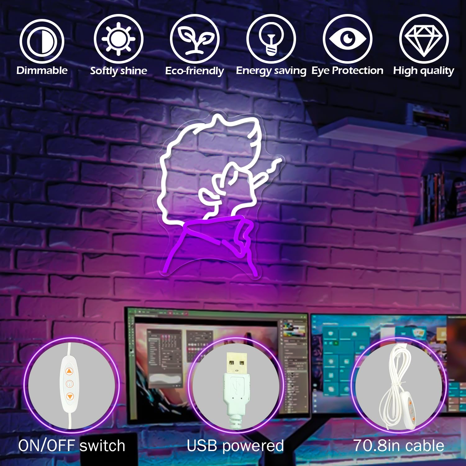 Ajoyferris Anime Cowboy Neon Sign - LED Wall Decor for Bedroom, Gamer Room, 2.1" Acrylic, White/Purple, Model: CowBoy