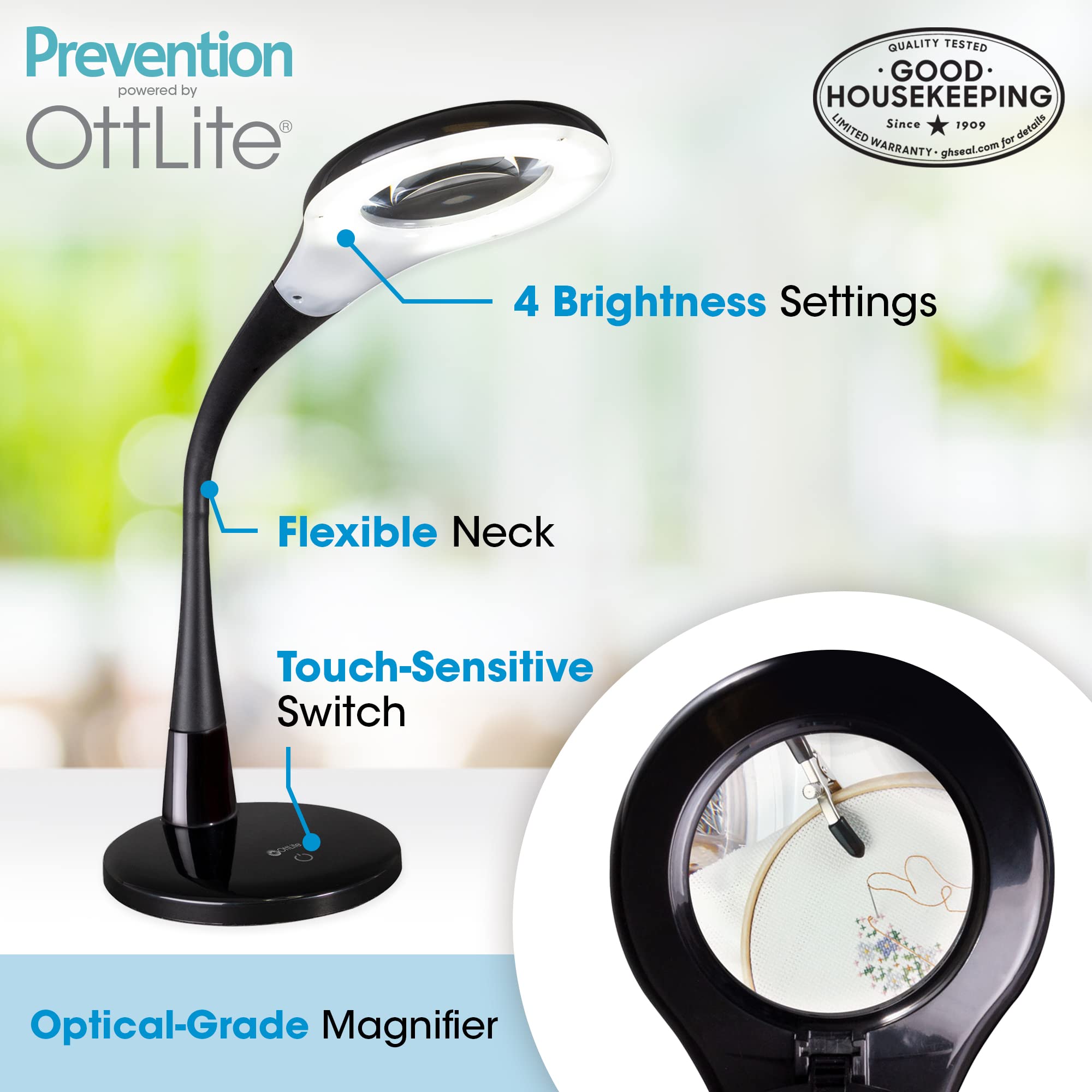 OttLite LED Desk Lamp with Adjustable Magnifier, Black, Small, 4 Brightness Settings, Flexible Neck, Model CSN97G5P