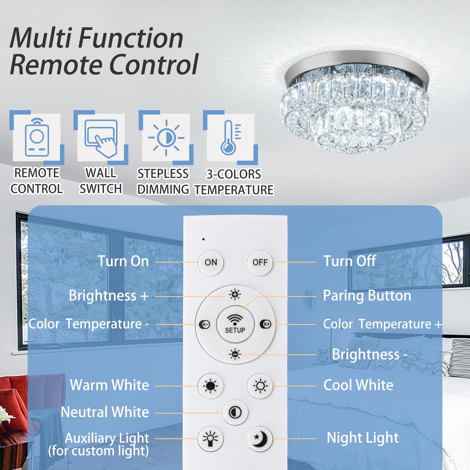 Hongnuofc 11.8&quot; Dimmable Led Crystal Chandelier Light With Remote For Hallway, Bedroom, Kitchen