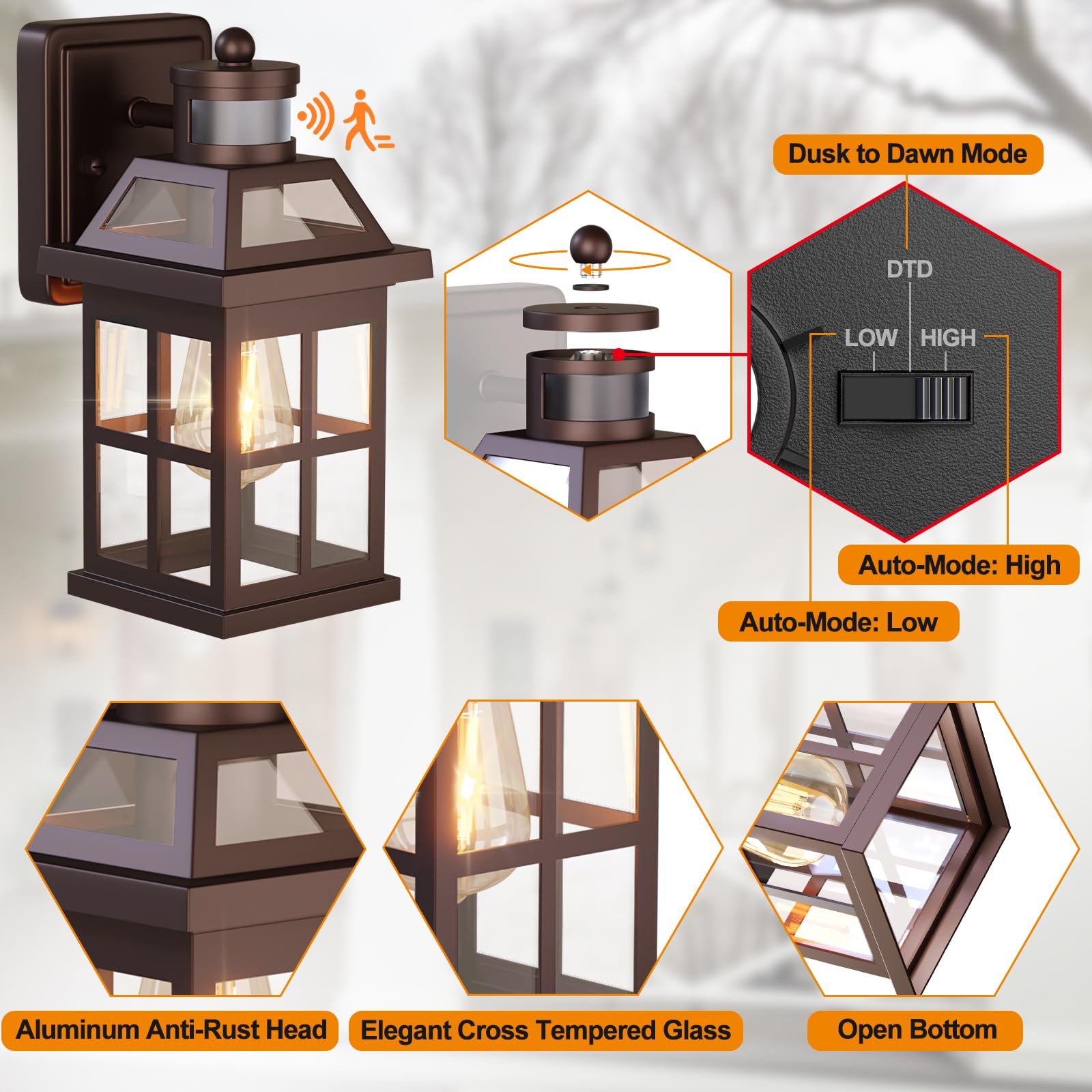Roravilila Bronze Outdoor Wall Lights With Motion Sensor, Etl Exterior Light Fixtures Waterproof 2 Pack, Anti-Rust Aluminum Porc