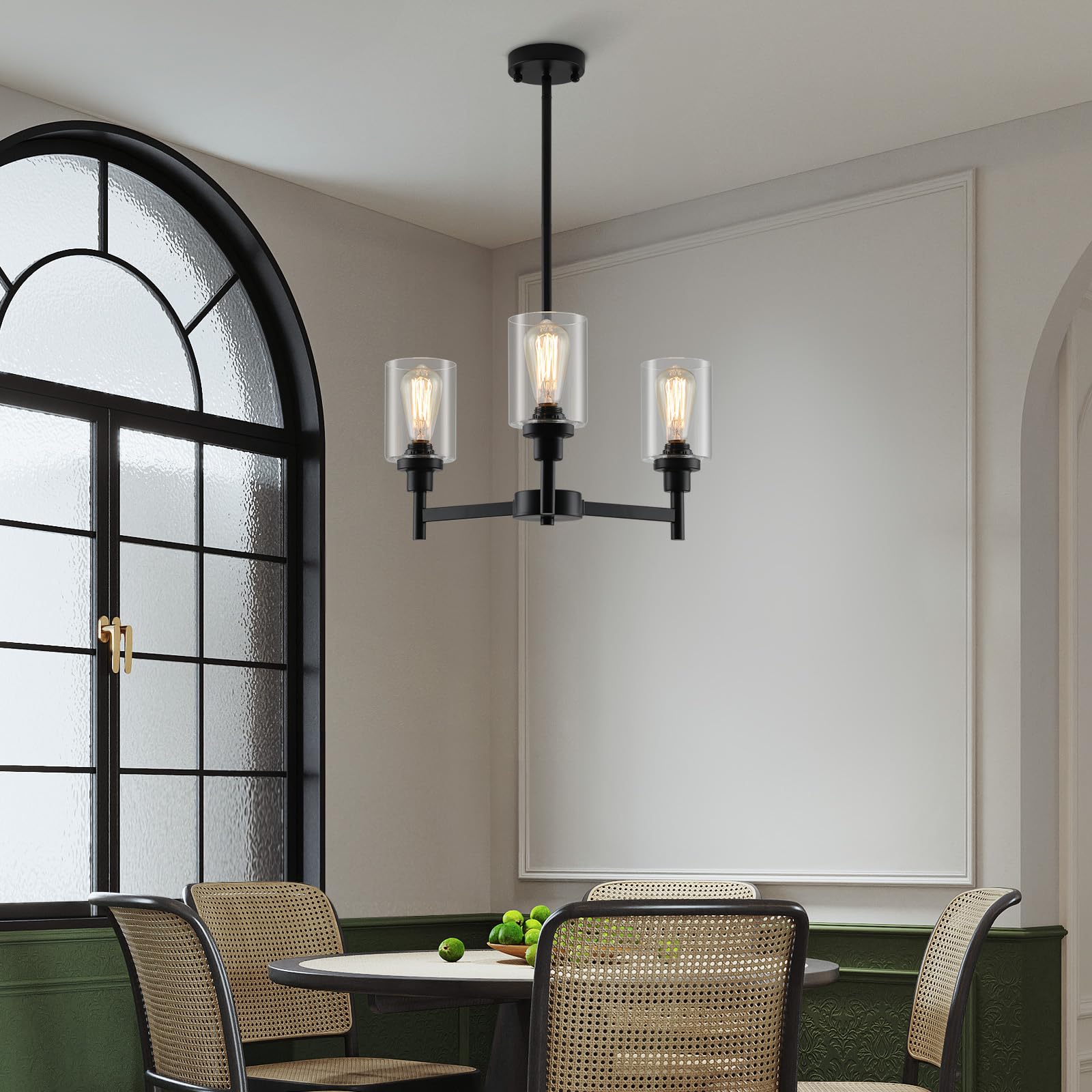 LIGHTDAMY 3-Light Black Chandelier - Glass Shade Lighting Fixture for Dining Room, Foyer, Hallway - Model Y292492501