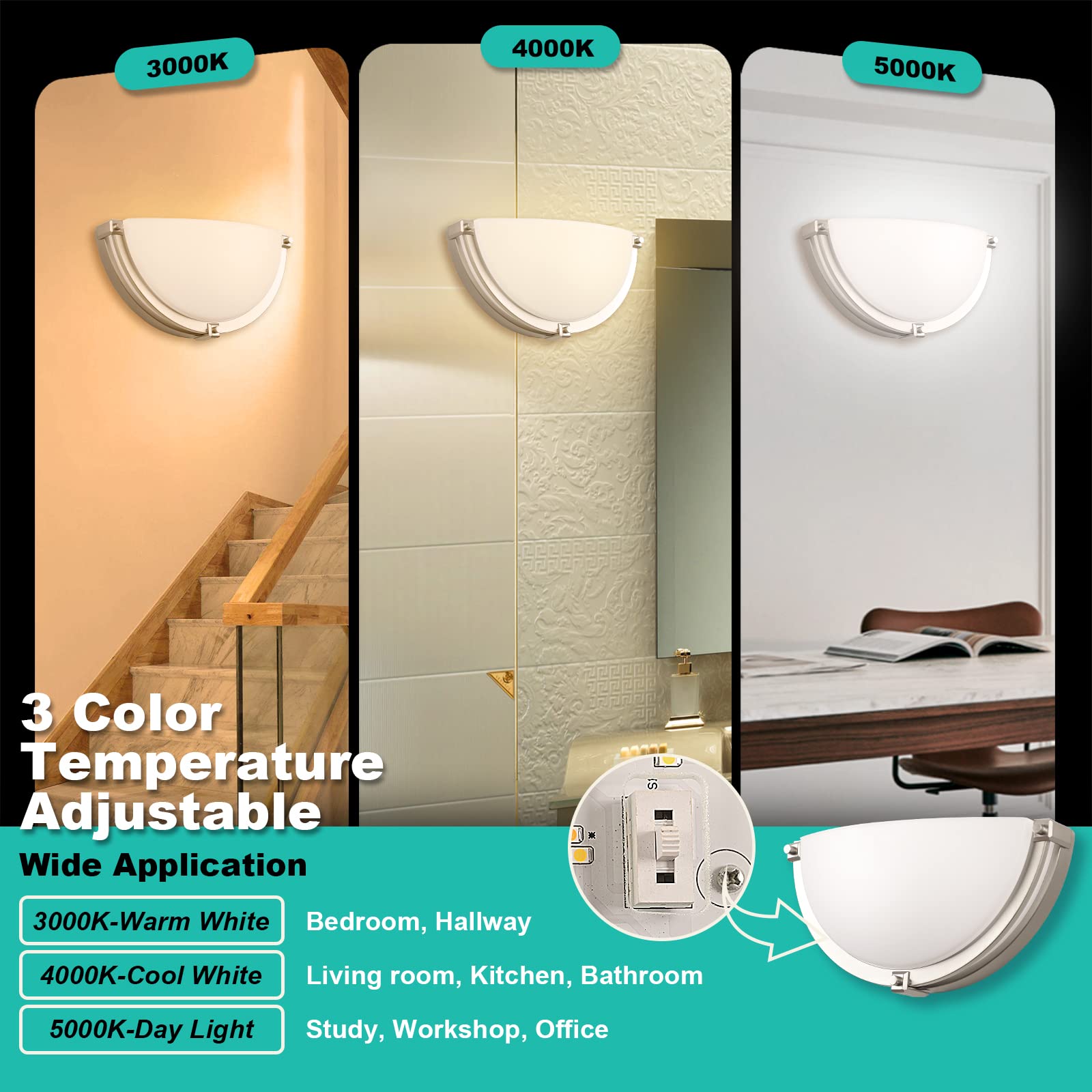 Flynix 13" Dimmable LED Wall Sconce, Adjustable Color Temp 3000K-5000K, Brushed Nickel, Super Bright 950 Lumen, Model PL-LR