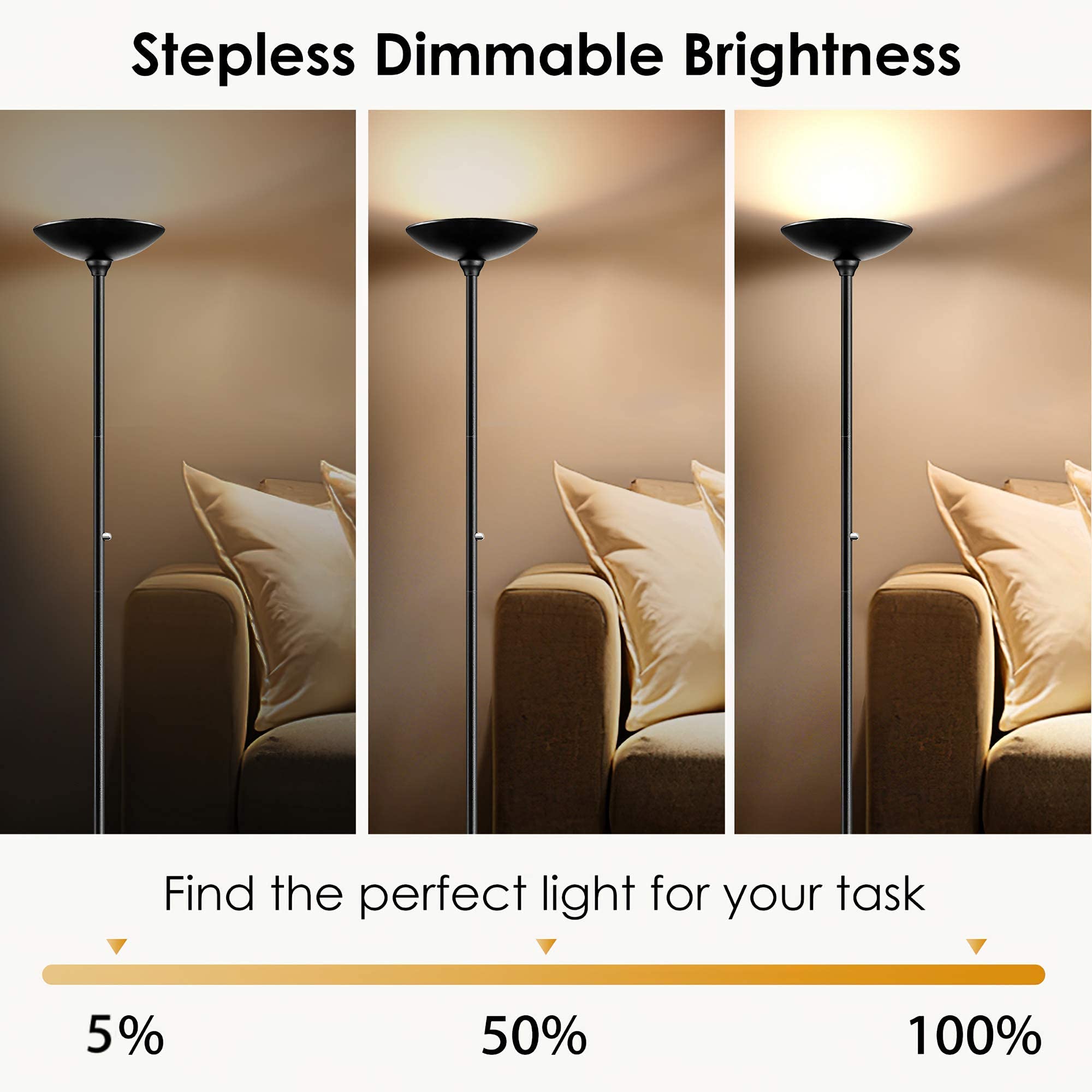 BoostArea Torchiere Floor Lamp - 24W LED, Stepless Dimmable, 70" Tall, Metal, Black, Model HD005BYH for Living Room/Bedroom