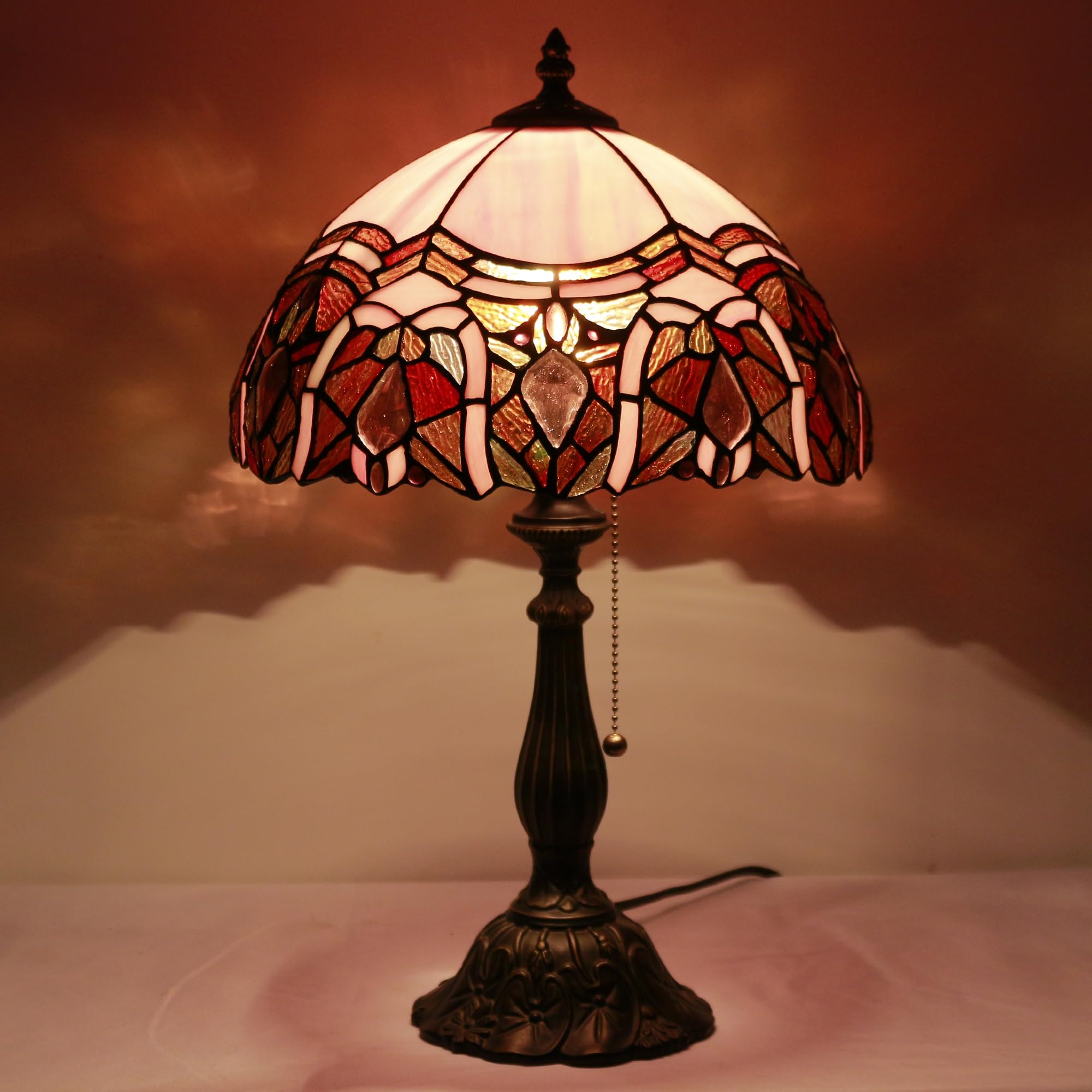 Zjart Tiffany Table Lamp Stained Glass Lamp 12X12X19 Inch Antique Reading Light (Pink Jewelry)