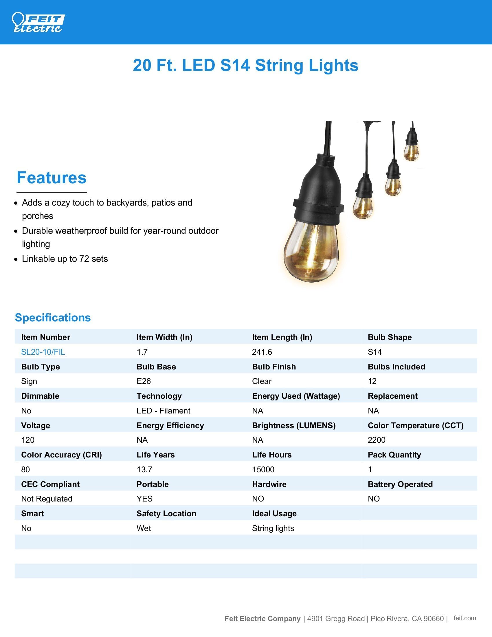 Feit Electric LED String Lights, 20ft, 10 Sockets, Shatter Resistant, Wet Rated, 2200K Warm White, Model SL20-10/FIL