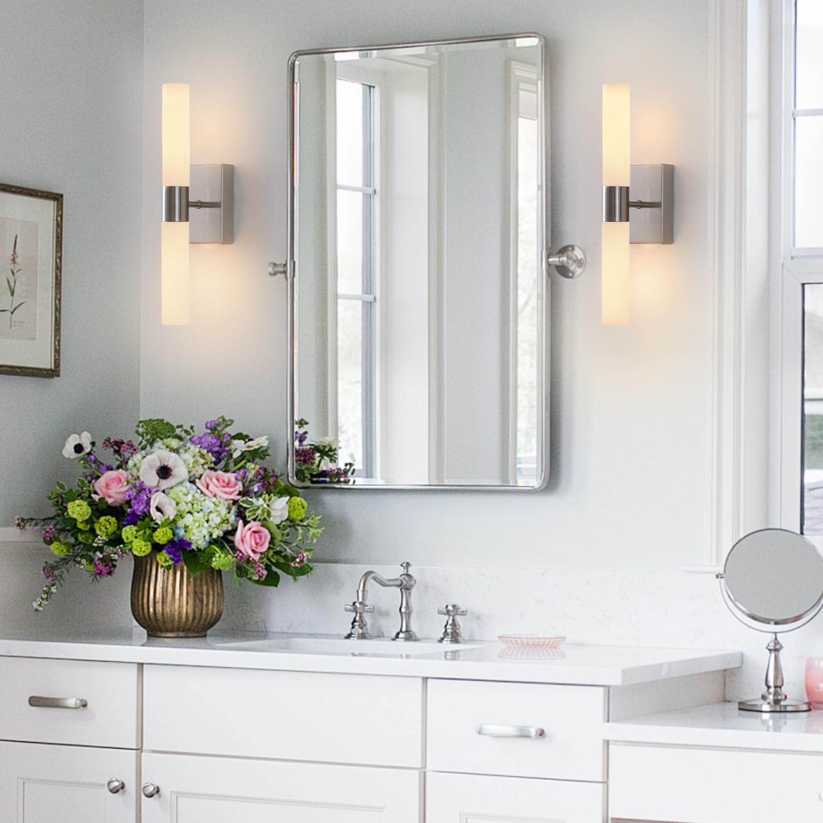 KUZZULL Wall Sconces Set of Two Brushed Nickel Bathroom Sconces Wall Decor Set of 2 Modern Wall Light Fixtures Metal Sconces Wal