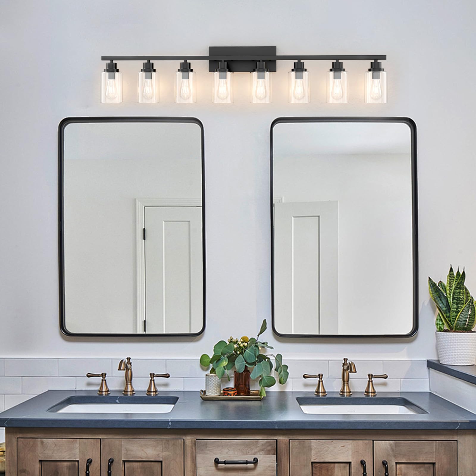 Hccz 8 Light Black Bathroom Vanity Light Fixture  Long Farmhouse Vanity Lights Over Mirror Modern Large Bathroom Lighting Wall Light With Clear Glass Globe For Mirror Living Room Bedroom