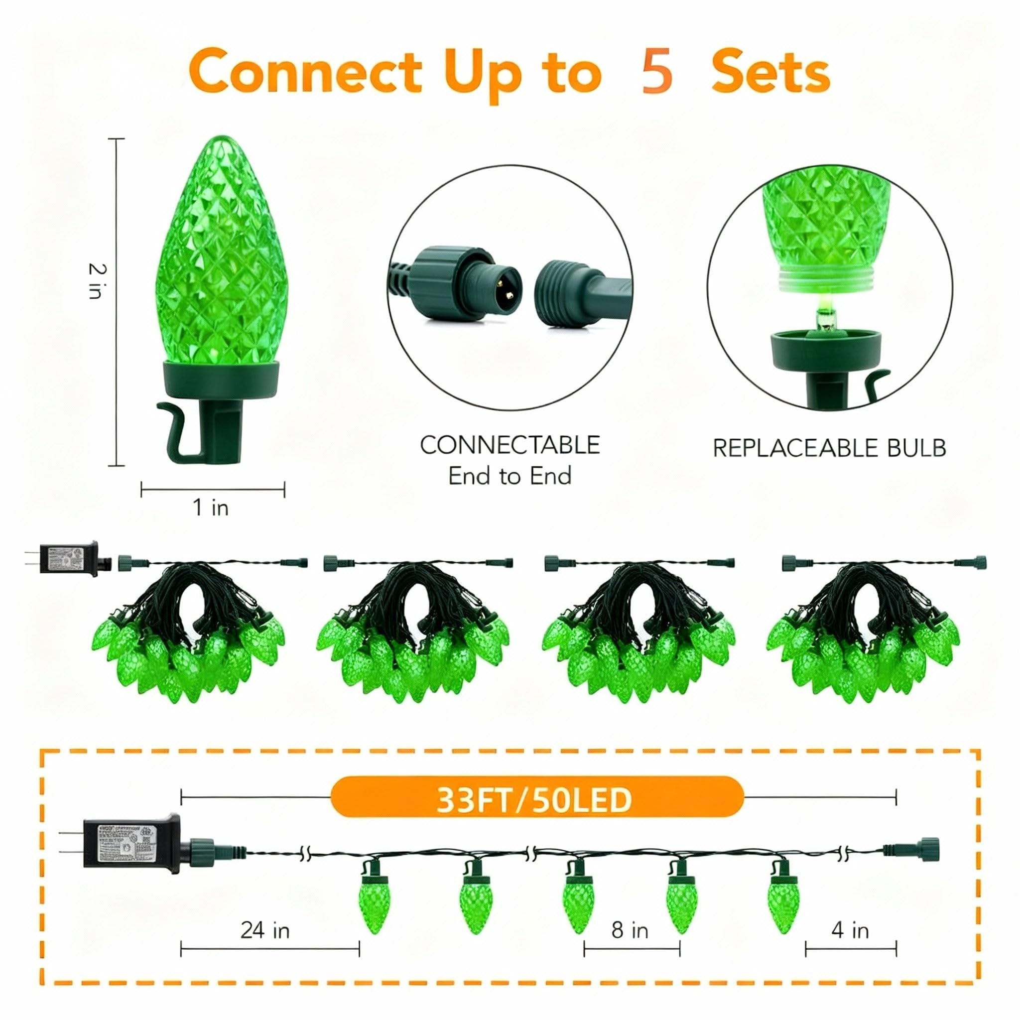 Ucutely C9 Led Christmas Lights Outdoor 33 Feet 50 Led 8 Lighting Modes Waterproof Connectable Christmas String Lights For Outside Roofline Patio Home Xmas Decorations (Green)