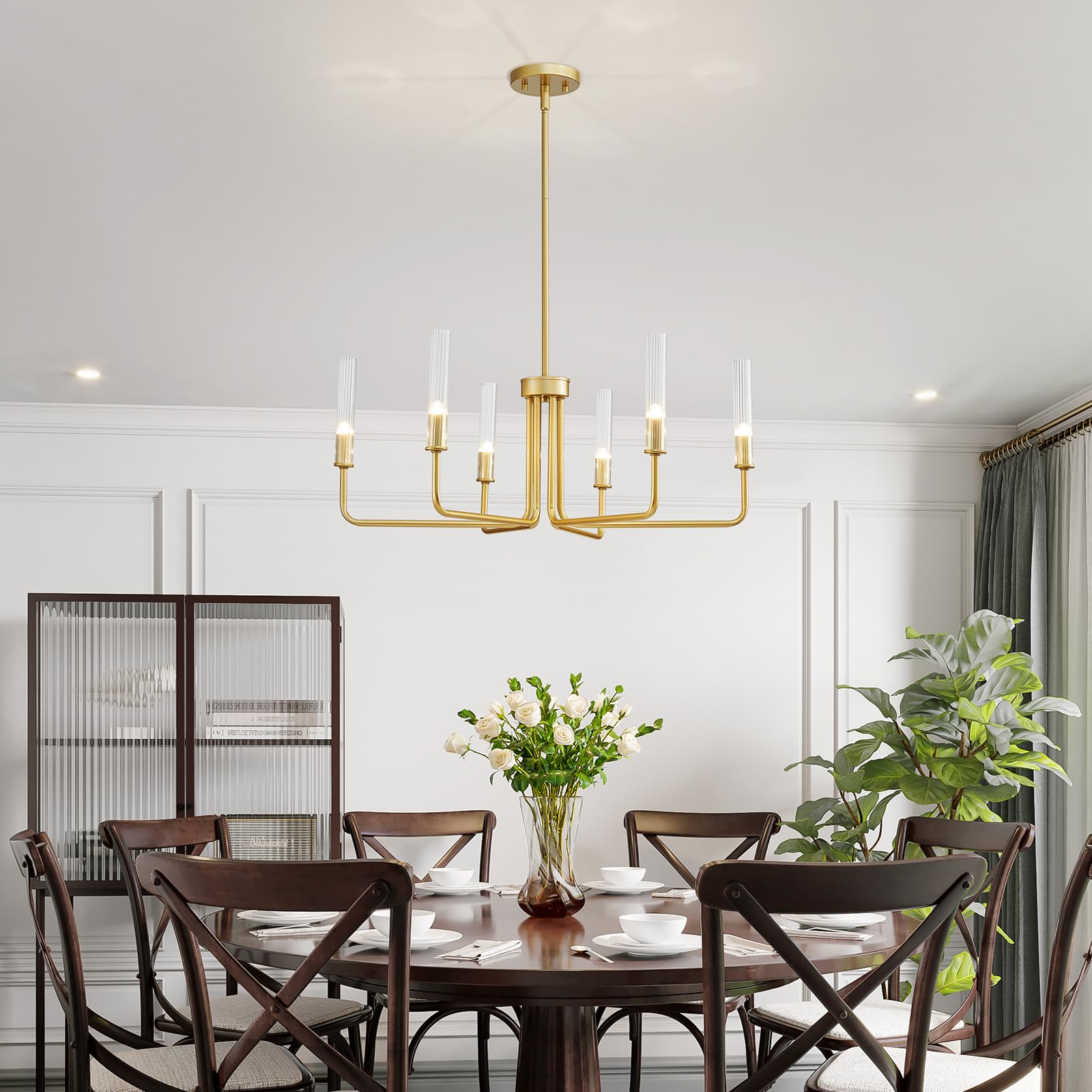 SM Saint Mossi Gold 6-Light Wagon Wheel Chandelier, Modern Pendant Light Fixture with Glass Shades for Dining Room and Living Room, Model 24001G