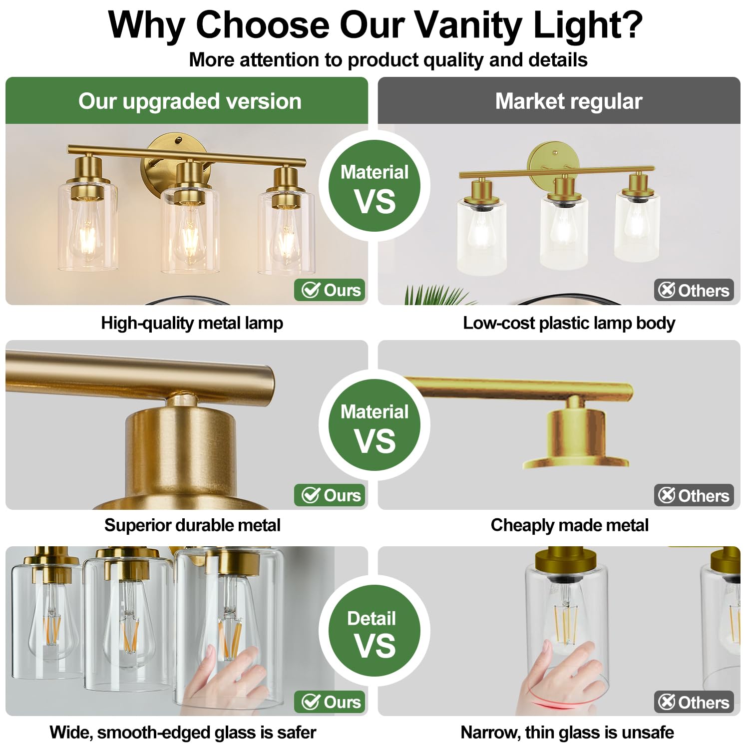 Zarbitta 3-Light Gold Bathroom Vanity Light Fixture, Brushed Brass with Clear Glass Shade, Modern Wall Mount for Mirror, Kitchen, Bedroom
