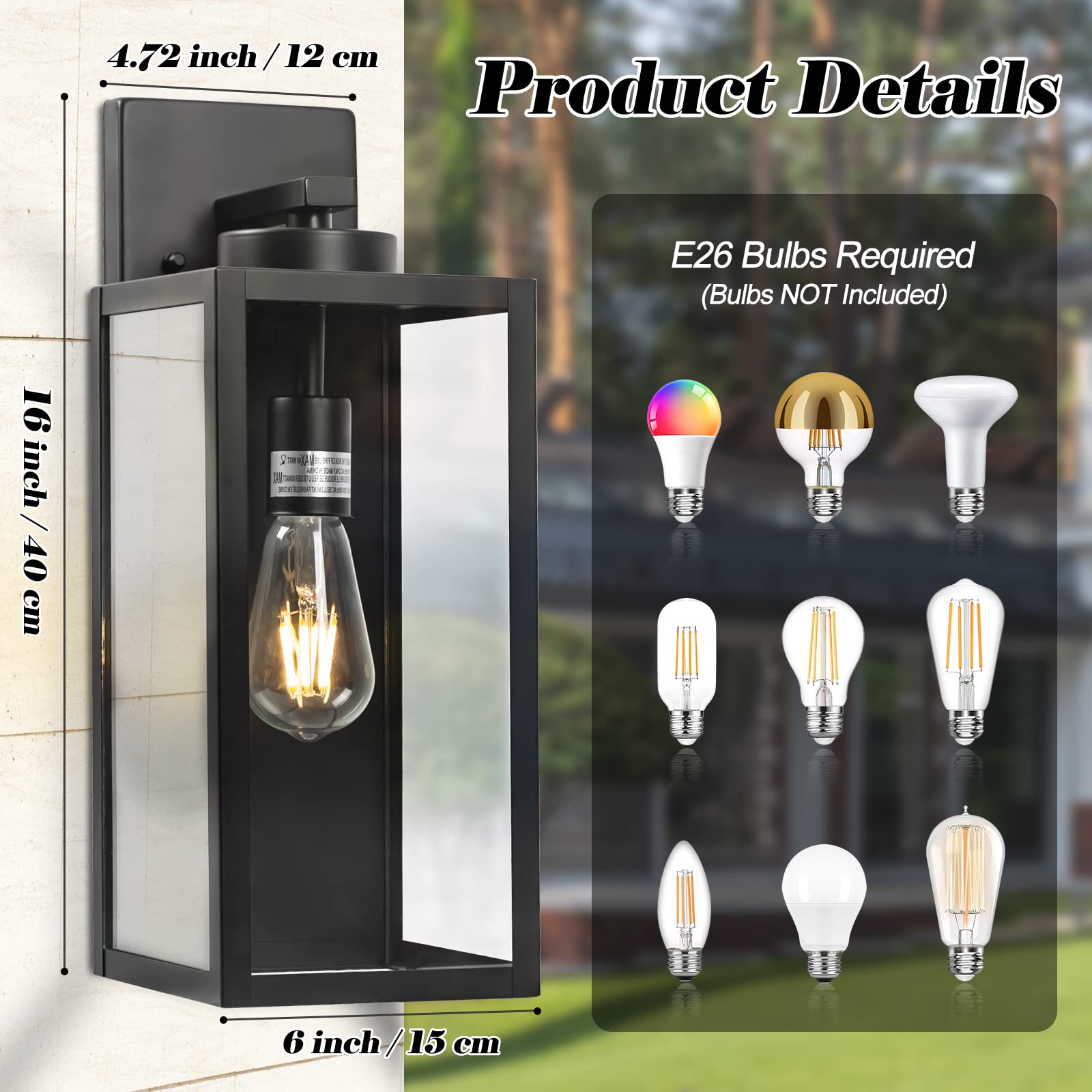 16-Inch Large Outdoor Wall Light Fixture  Black Exterior Wall Lantern Waterproof  Farmhouse Porch Sconce Lighting With Glass  Modern Wall-Mounted Outside Lights For House  Garage  Patio Lamp  2 Packs