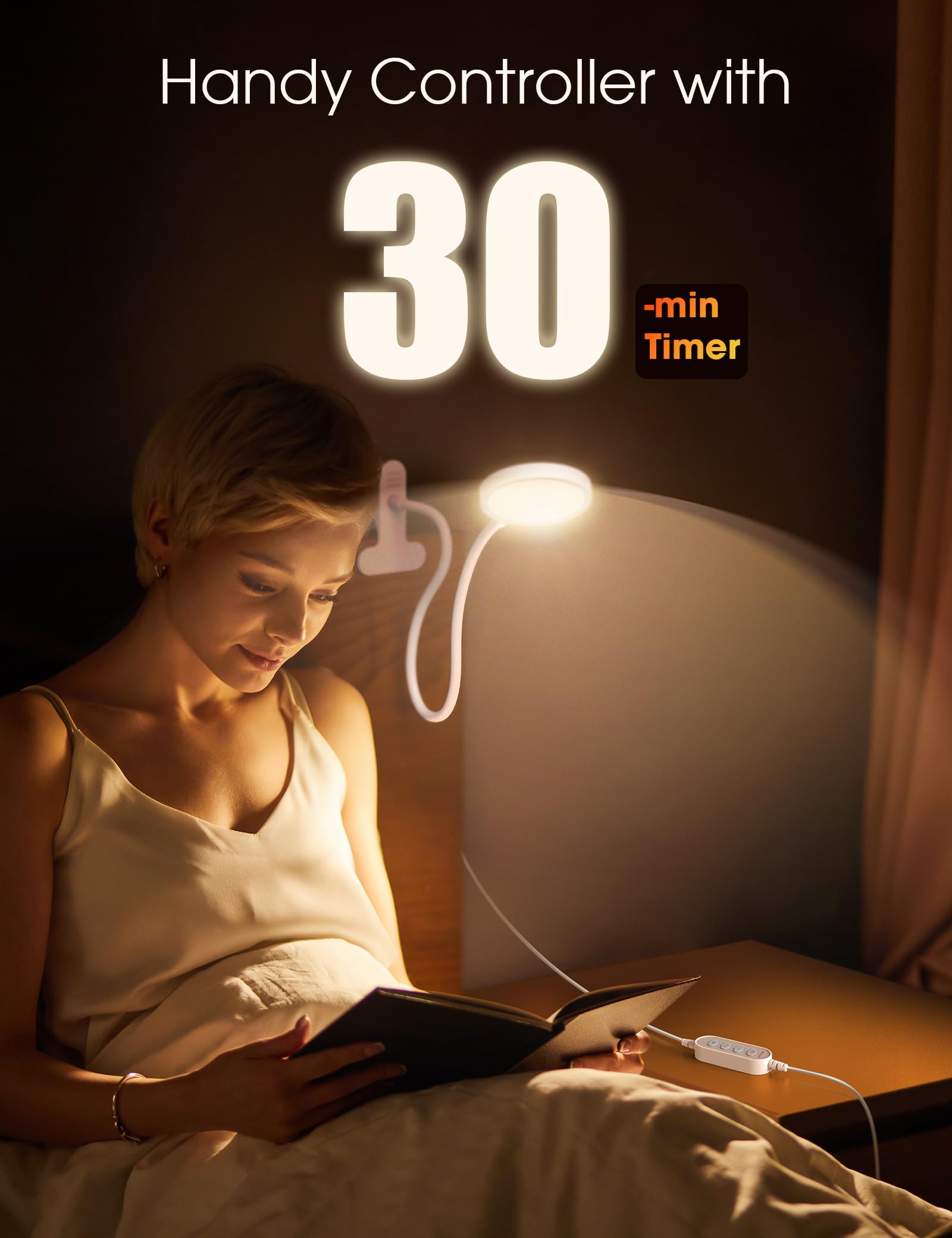 Lifmira 8W Clip-On Bed Lamp, 66 Leds, Dimmable, Eye-Caring, 5 Colors, White