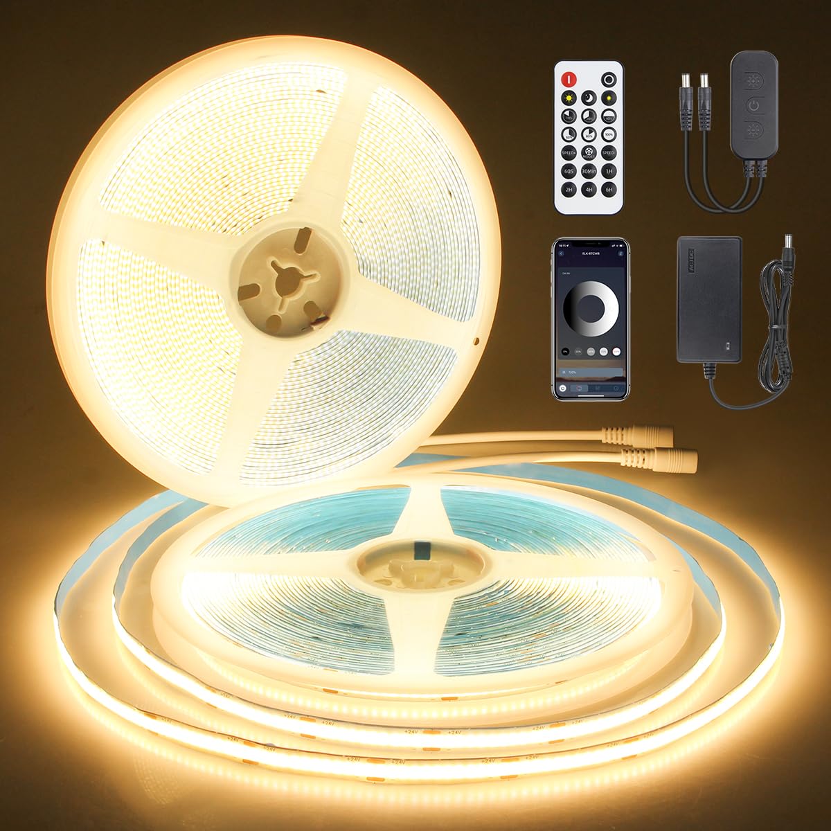 Aclorol COB LED Band Lights 100FT 3000K 24V Dimmable Warm White LED Light Band with Remote and App Control Flexible Tape Light for Bedroom Shelf Cabine Closets Garages Kitchen (2Rolls of 50FT)