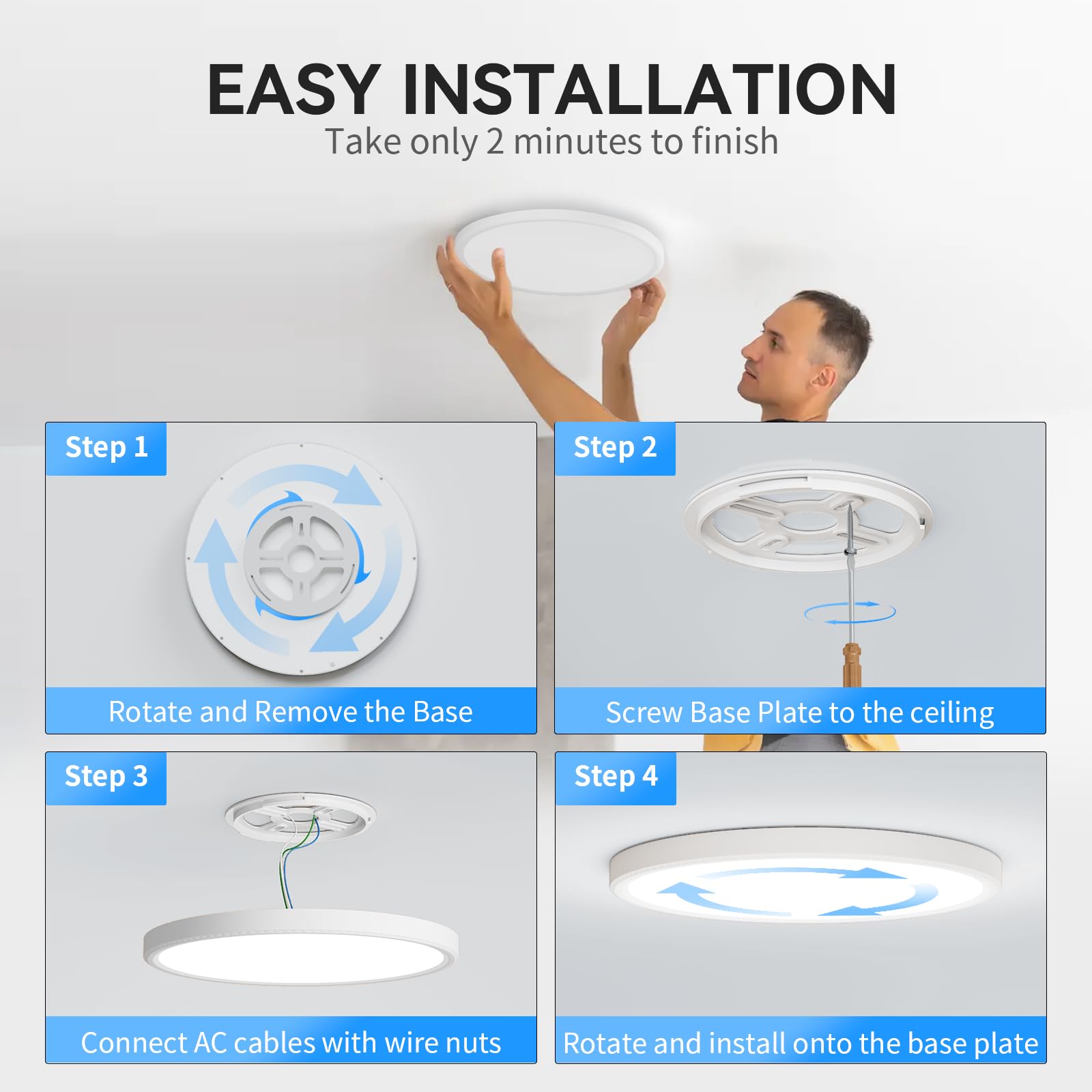 Wkoncldy Led Flush Mount Ceiling Light, 3200Lm, 12In, 5000K, White, 8 Pack