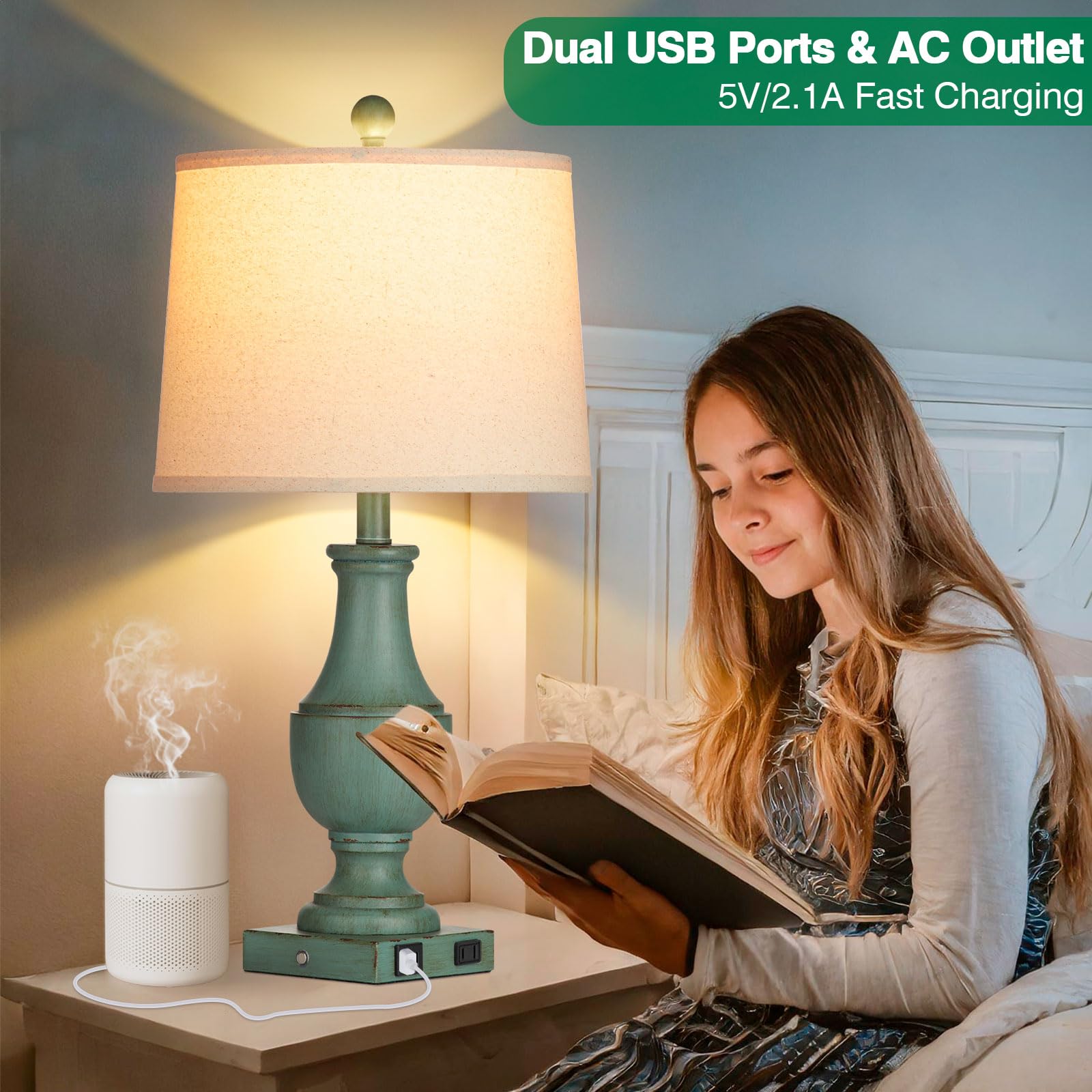Farmhouse Table Lamps For Living Room, Rustic Touch Control Bedside Lamps With Usb A+C Charging Ports & Ac Outlet, Vintage 3-Way