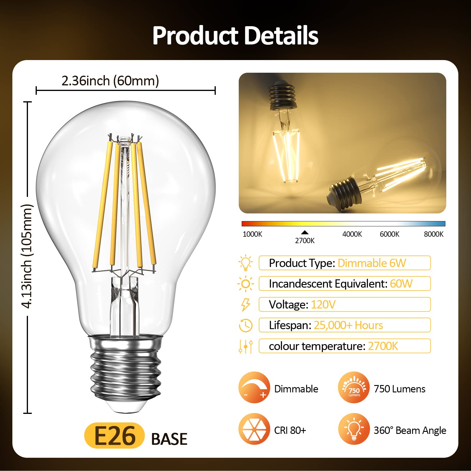 Dimmable A19 Clear Led Light Bulbs 60W Equivalent, 6W, 2700K Soft Warm Light For Table Lamp Floor Lamp Bathroom Vanity Outdoor W