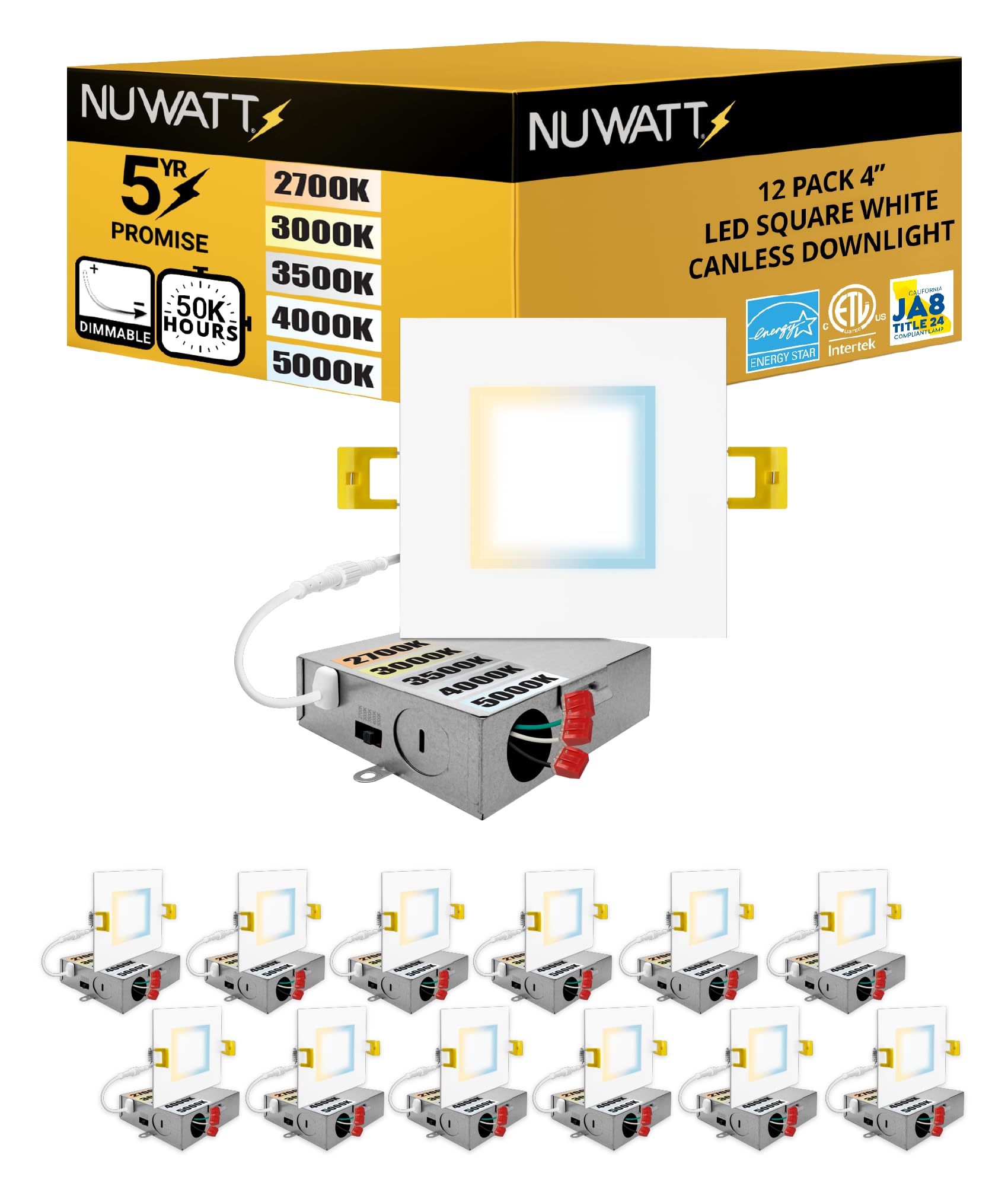 NUWATT 12 Pack 4 Inch LED Square Recessed Lighting, 5CCT Selectable 2700K/3000K/3500K/4000K/5000K, 630 Lumens Dimmable, IC Rated
